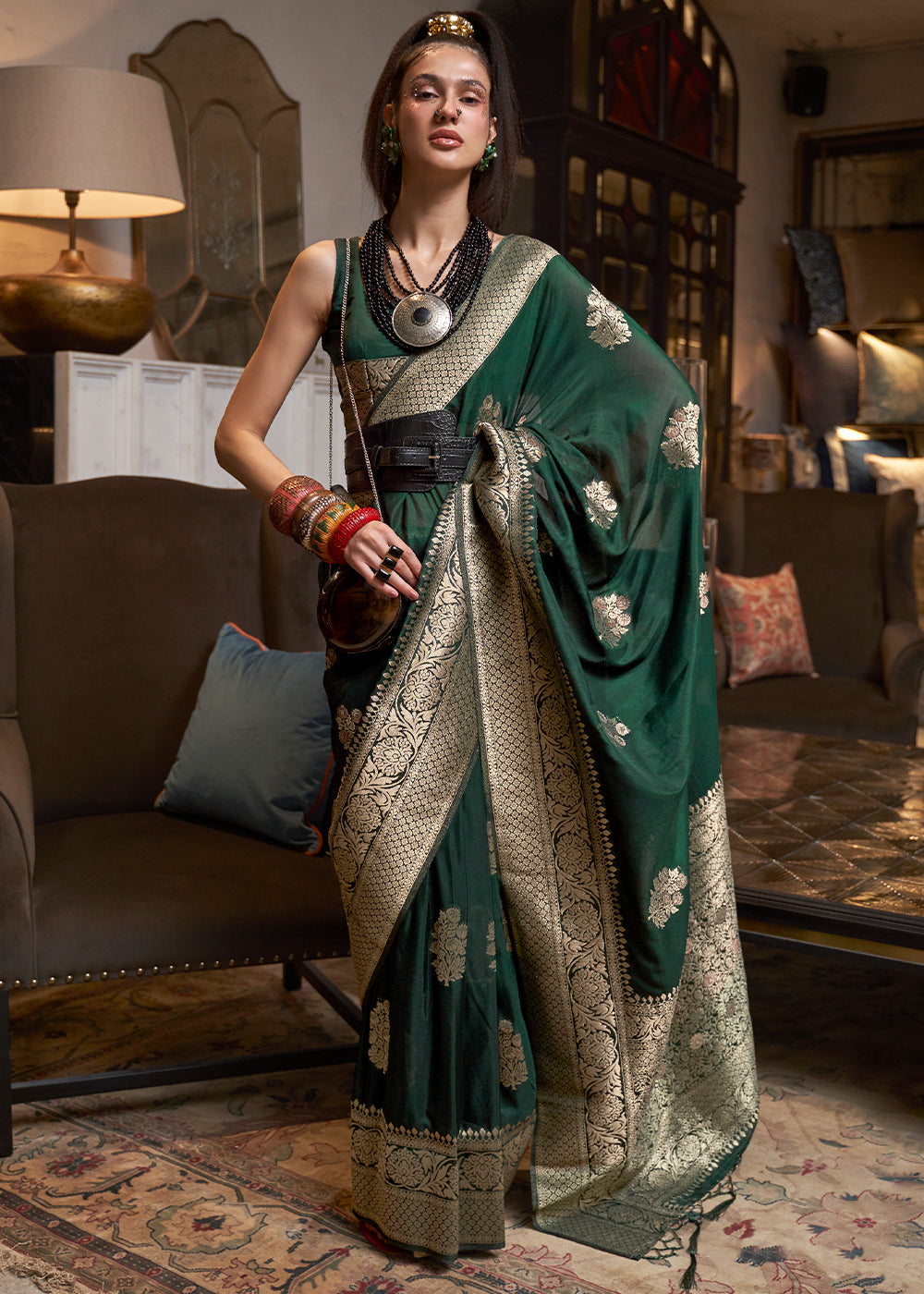 Sacramento Green Woven Khaddi Georgette Silk Saree - qivii