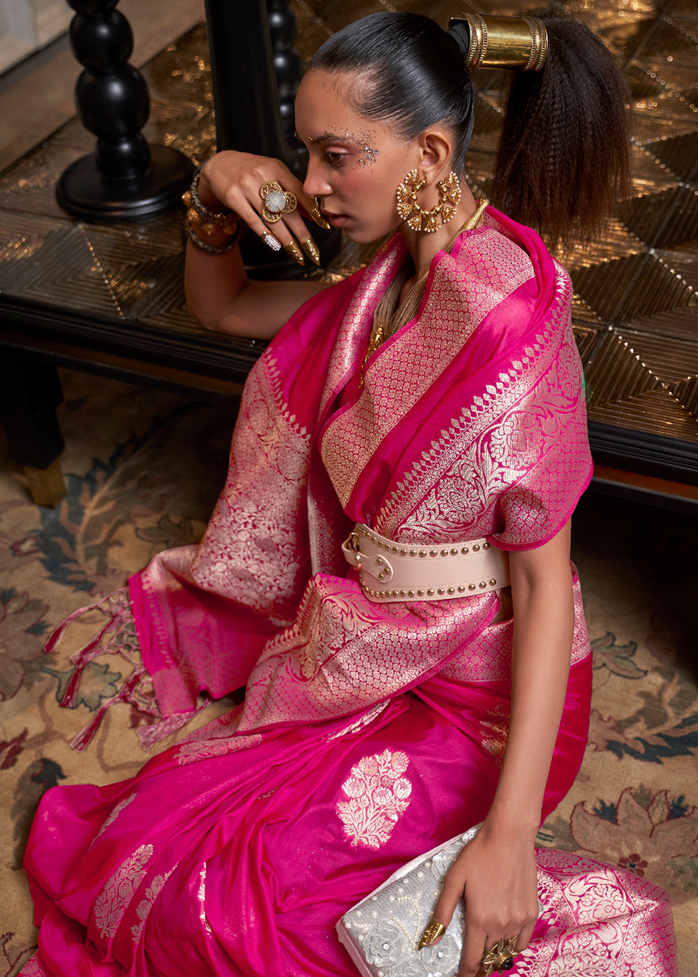 Hot Pink Woven Khaddi Georgette Silk Saree - qivii