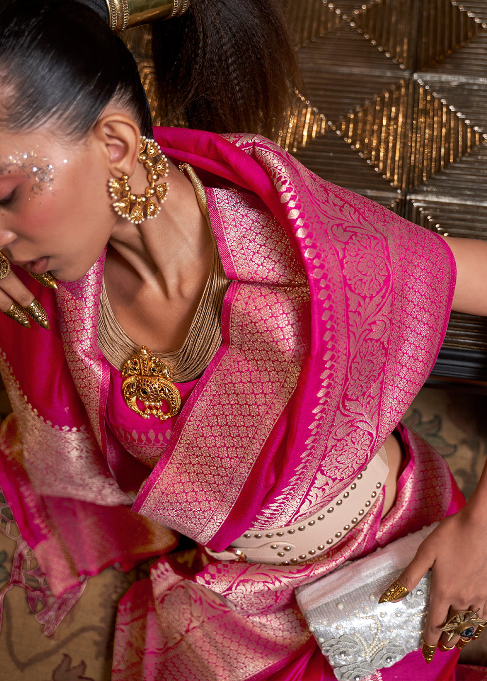 Hot Pink Woven Khaddi Georgette Silk Saree - qivii