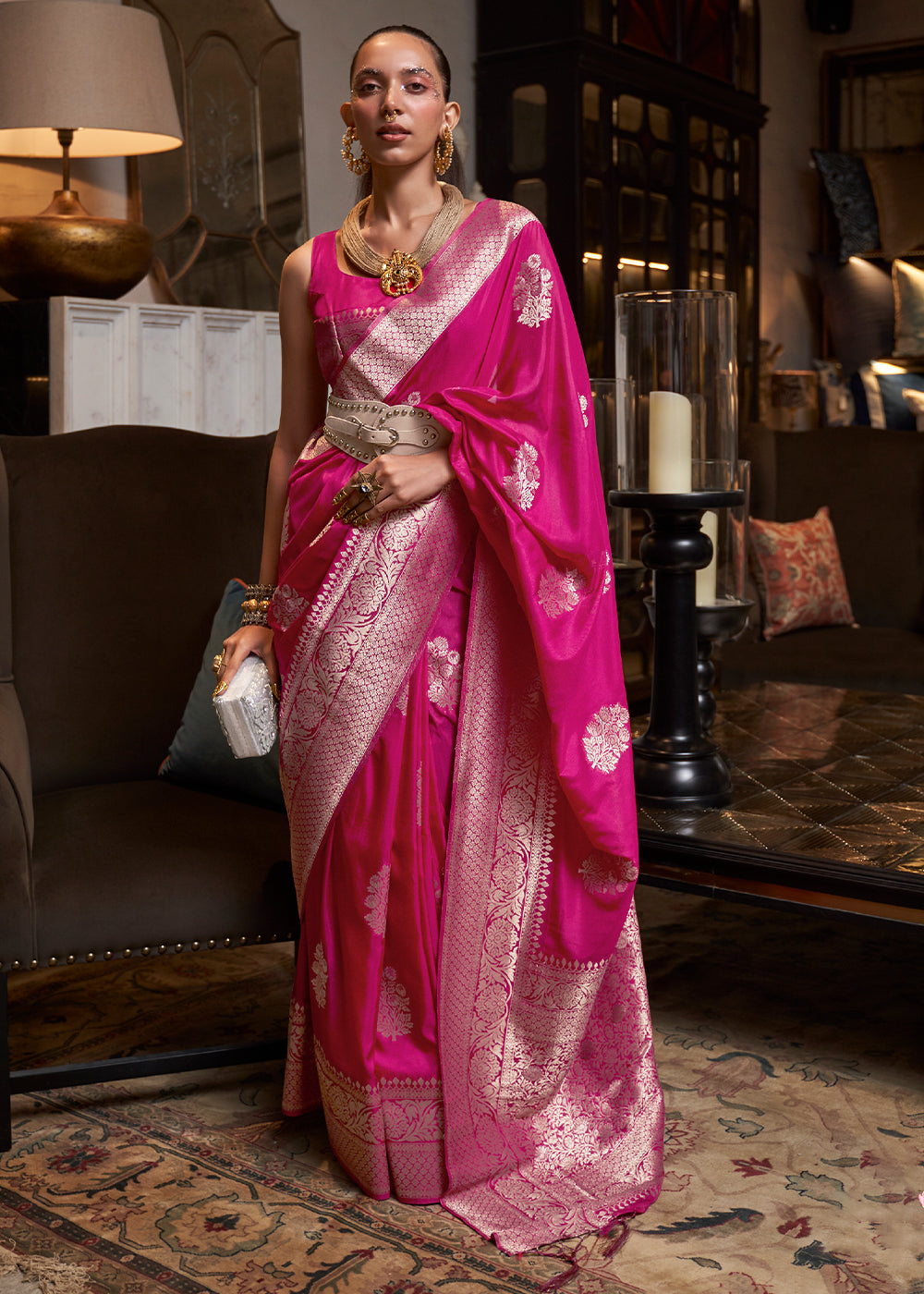 Hot Pink Woven Khaddi Georgette Silk Saree - qivii