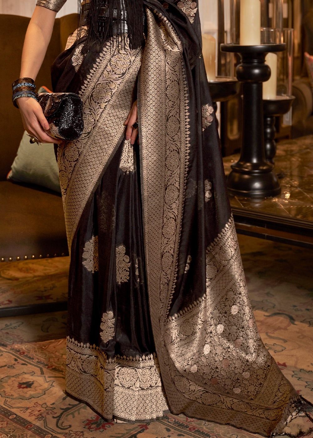 Raven Black Woven Khaddi Georgette Silk Saree - qivii