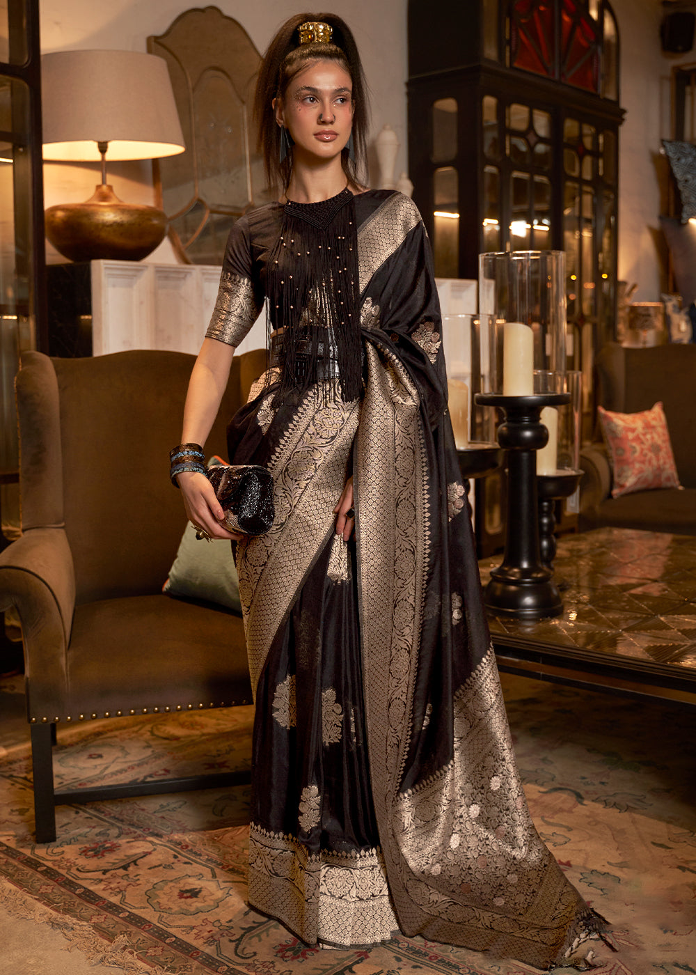 Raven Black Woven Khaddi Georgette Silk Saree - qivii