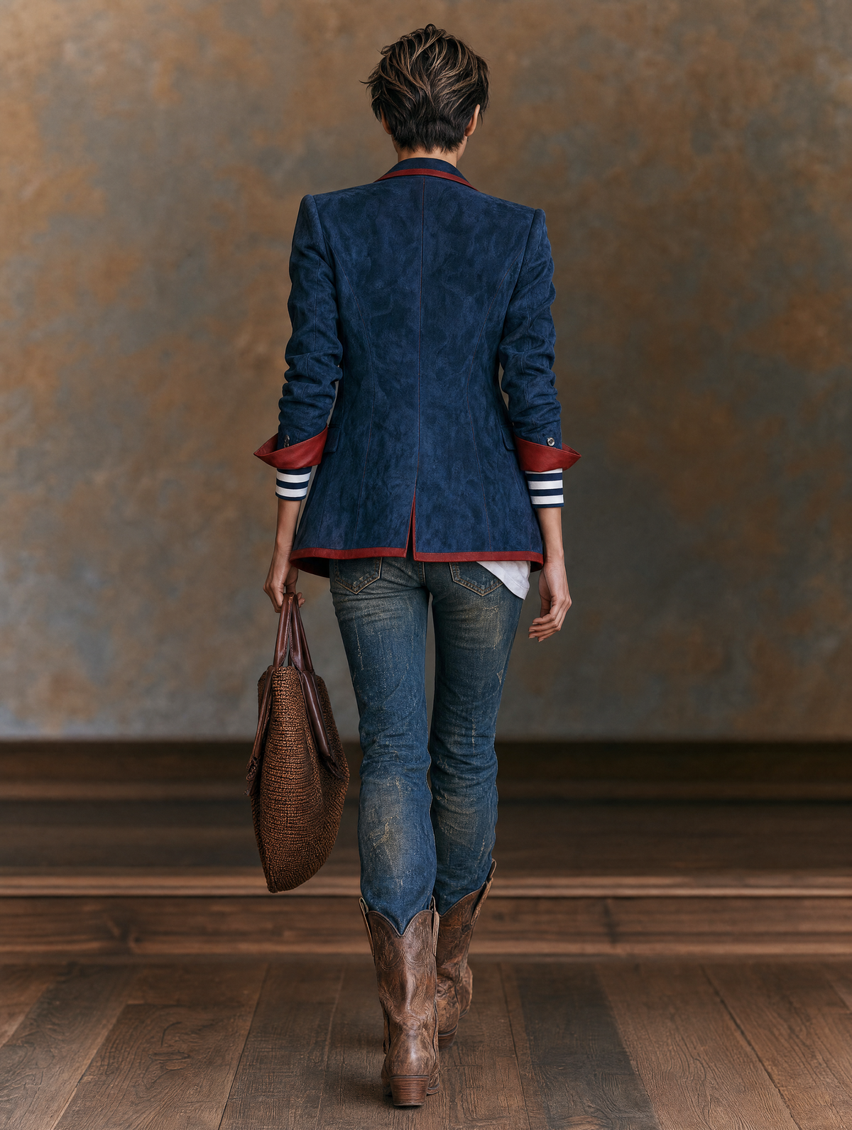 Women's Vintage-style Faux Suede Blazer With Red Leather Trim MDZ2570H7WY