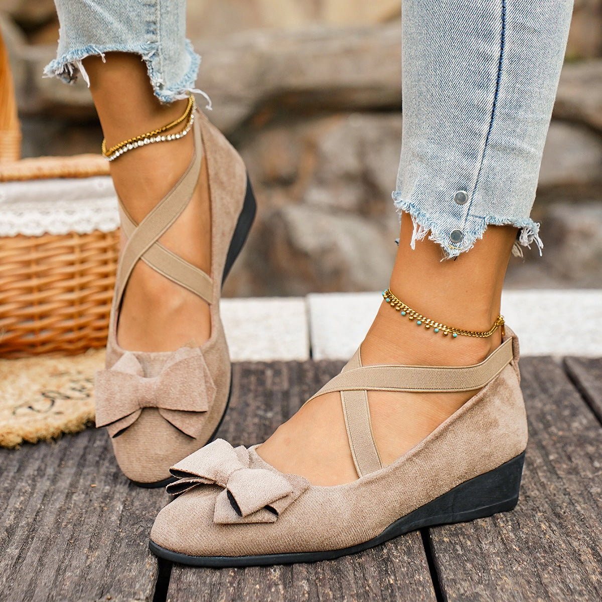 Women’s Elara Bow Suede Wedge Loafers – Elastic Cross-Strap Comfort Slip-Ons (US 5–10.5)