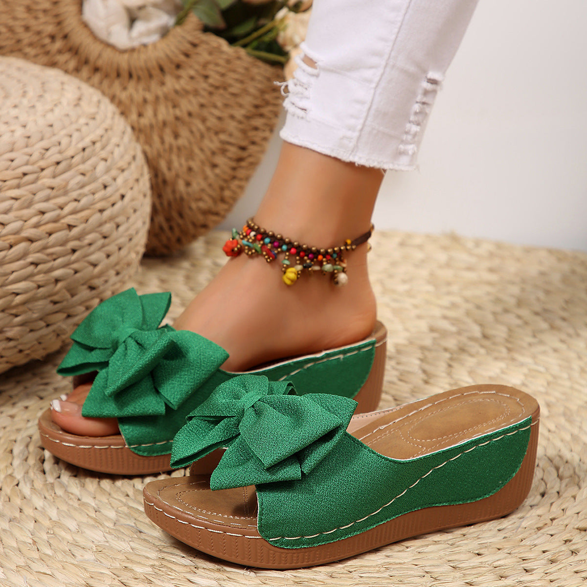 Women’s Liora Bow Flower Platform Wedge Slide Sandals – Peep-Toe Wide Strap Summer Slides (US 5–10.5)