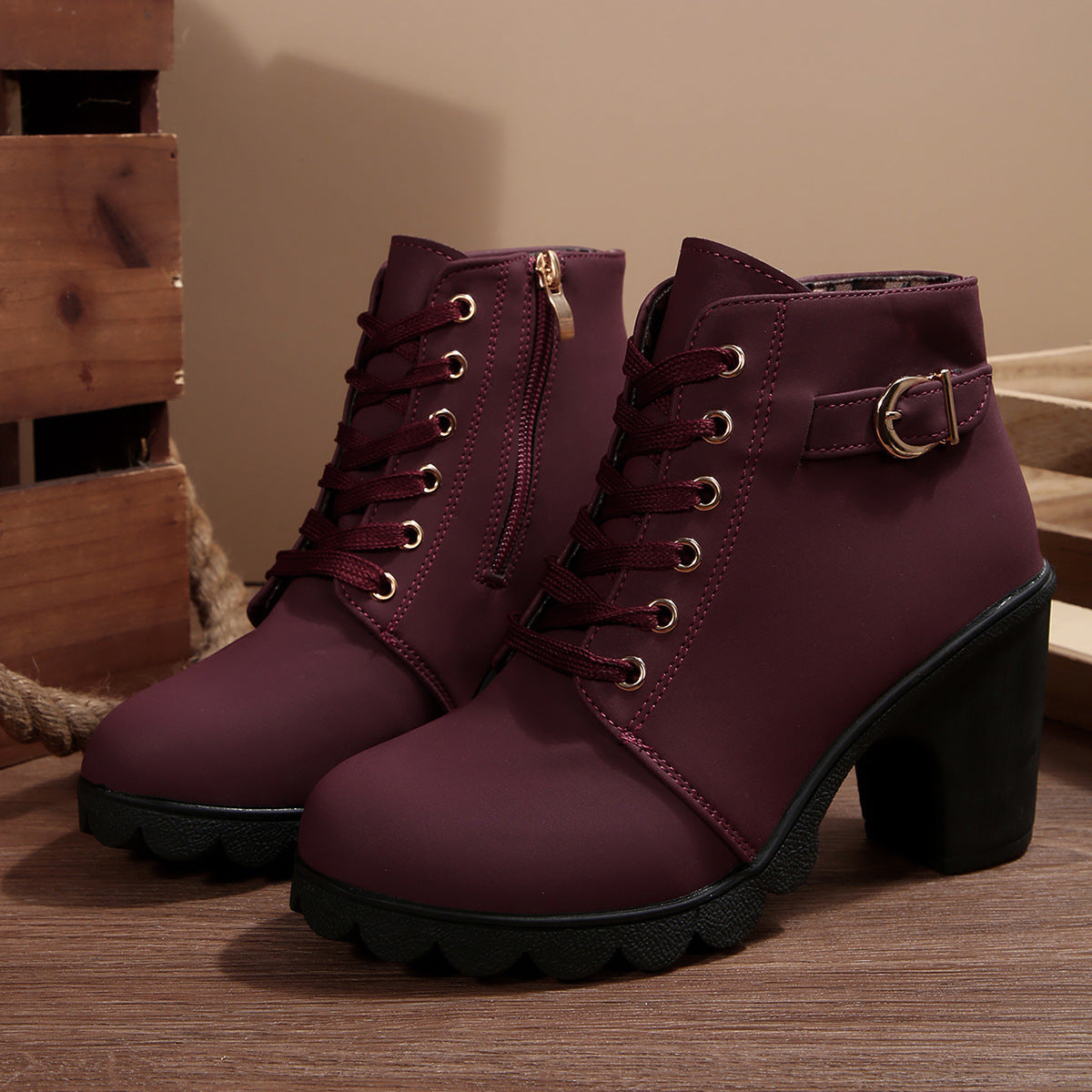Women's Buckle Decorated Chunky Heel Ankle Boots - Side Zipper & Lace-Up Round Toe Mid-Calf Equestrian Boots (US 4-10)