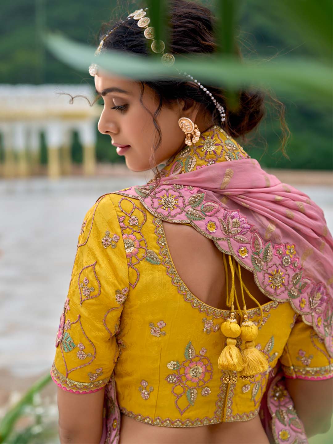 Yellow-Pink Shade Patch-Work & Cut-Work Silk Embroidered Semi Stitched Lehenga Choli - qivii