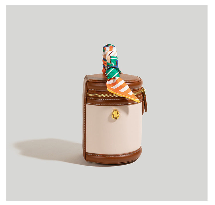 Women's Retro Color-Block Barrel Bag – Mini Cylinder Cosmetic Case with Detachable Silk Scarf & Chain Strap
