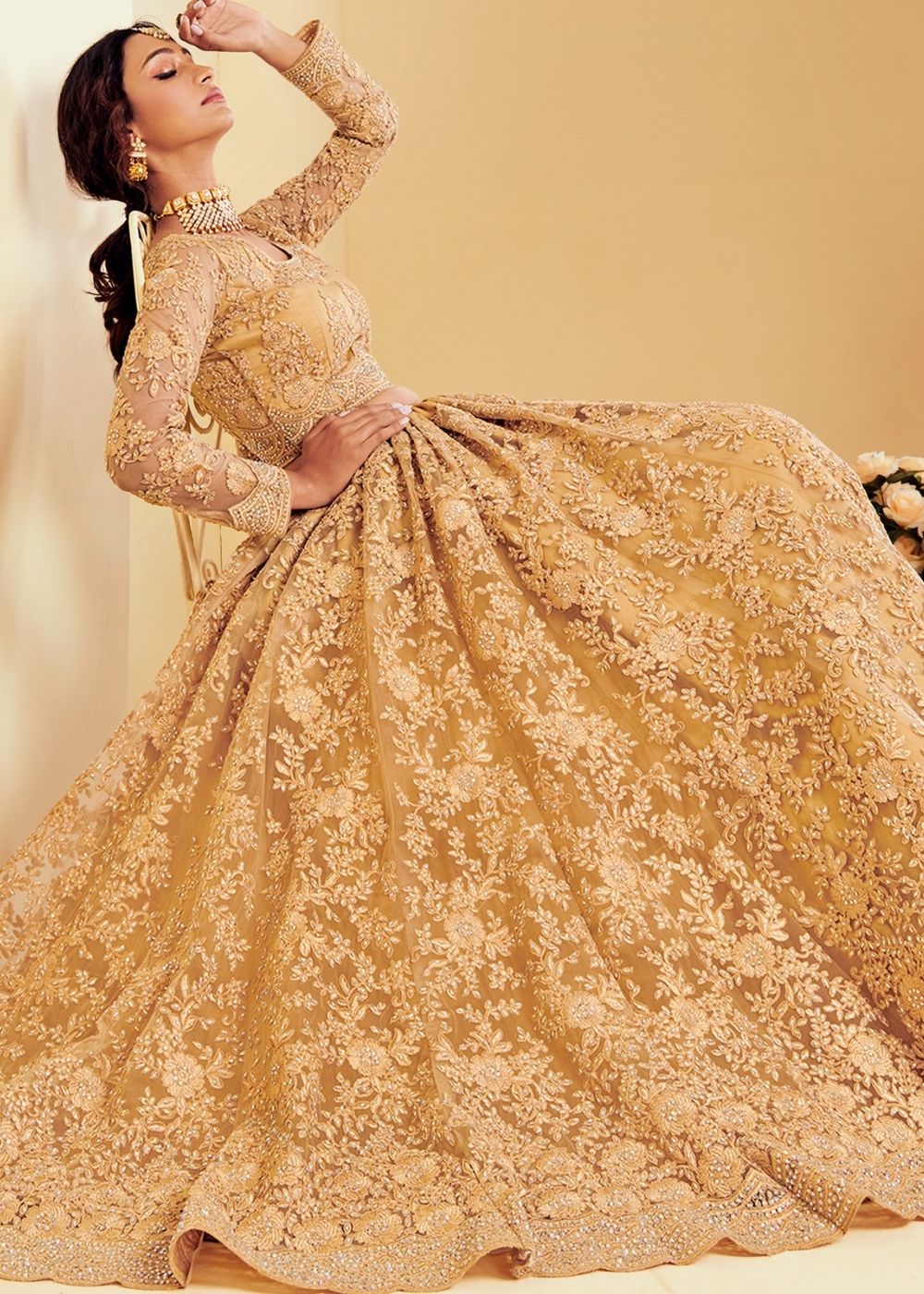 Antique Golden Soft Net Lehenga Choli with Cording Embroidery & Stone work | Ready To Wear - qivii