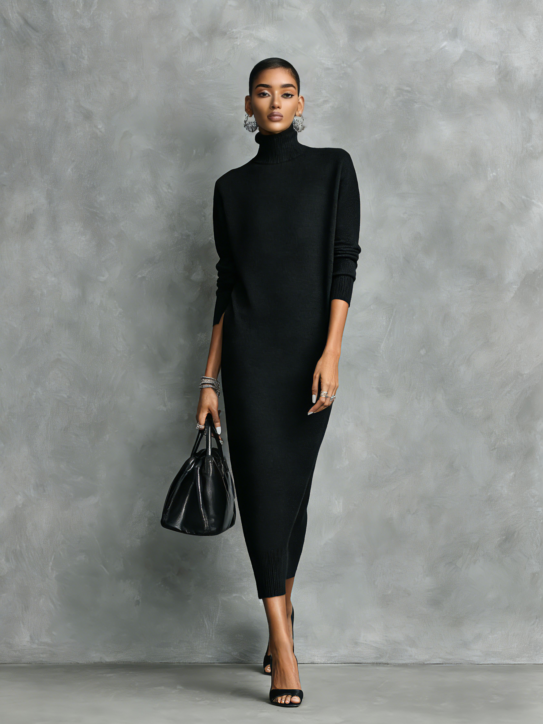 Women's Elegant Black Knitted Turtleneck Long-sleeved Loose-fitting Midi Dress With No Pockets MDA1974L7AN