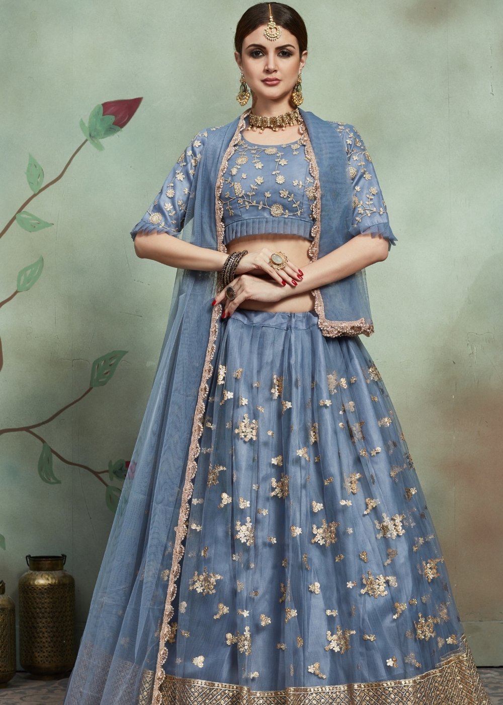 Pewter Grey Designer Soft Net Lehenga Choli with Sequins & Zari work | Ready To Wear - qivii