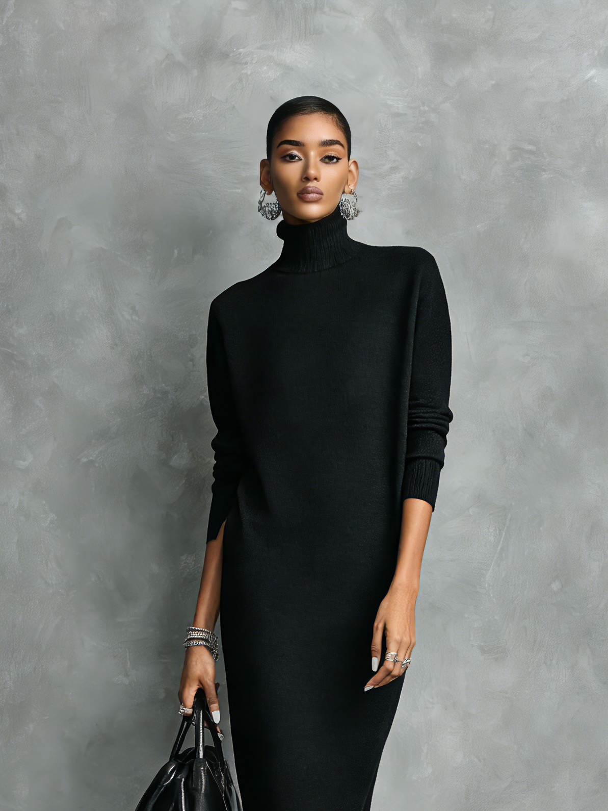 Women's Elegant Black Knitted Turtleneck Long-sleeved Loose-fitting Midi Dress With No Pockets MDA1974L7AN