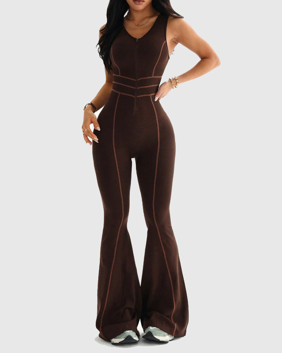 Front Zipper Cutout Back Sleeveless Flare Leg Slim-fit Jumpsuit - By Qivii