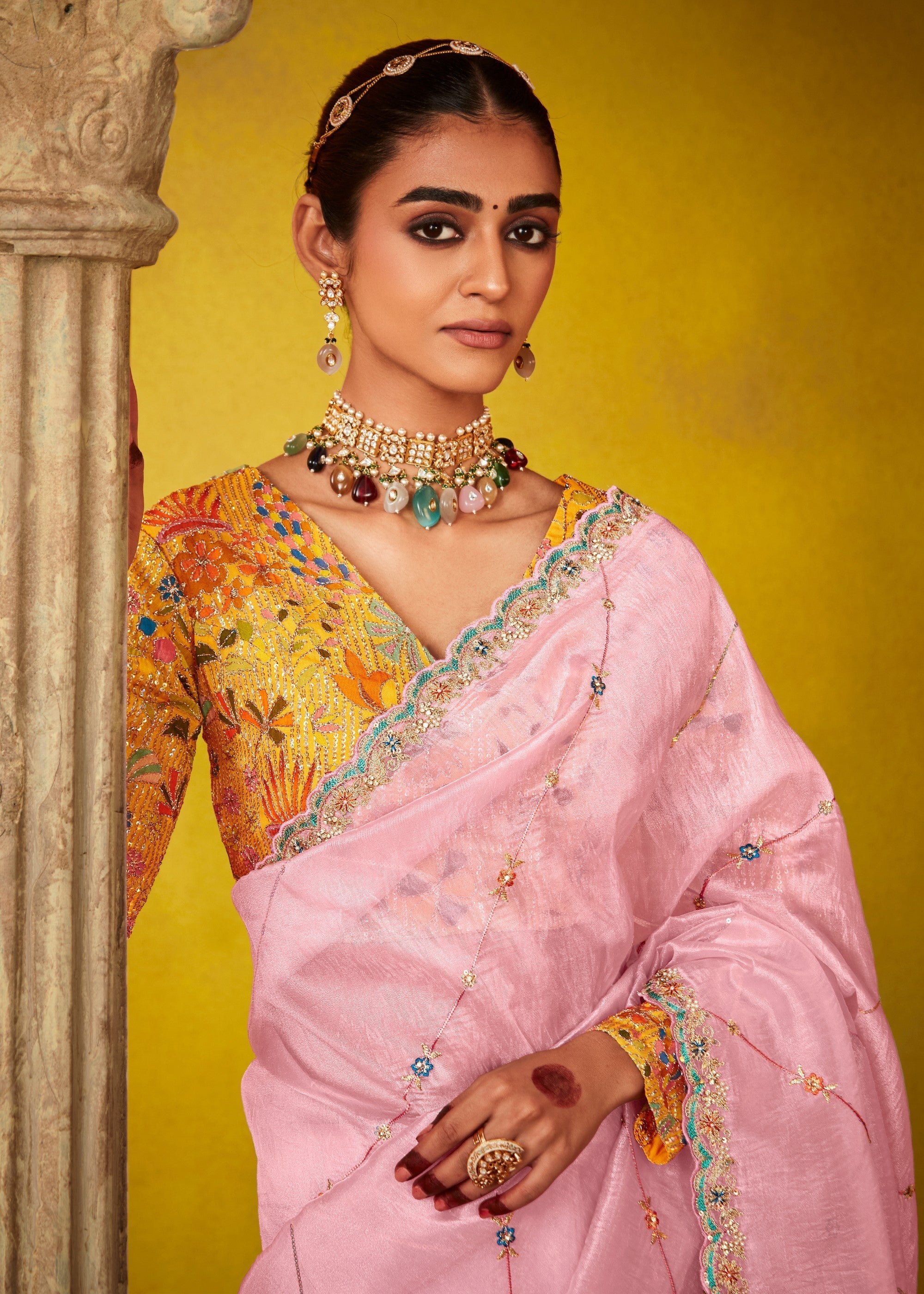 Soft Pink Glass Tissue Silk Saree With Sequins And Thread Embroidered Work - qivii