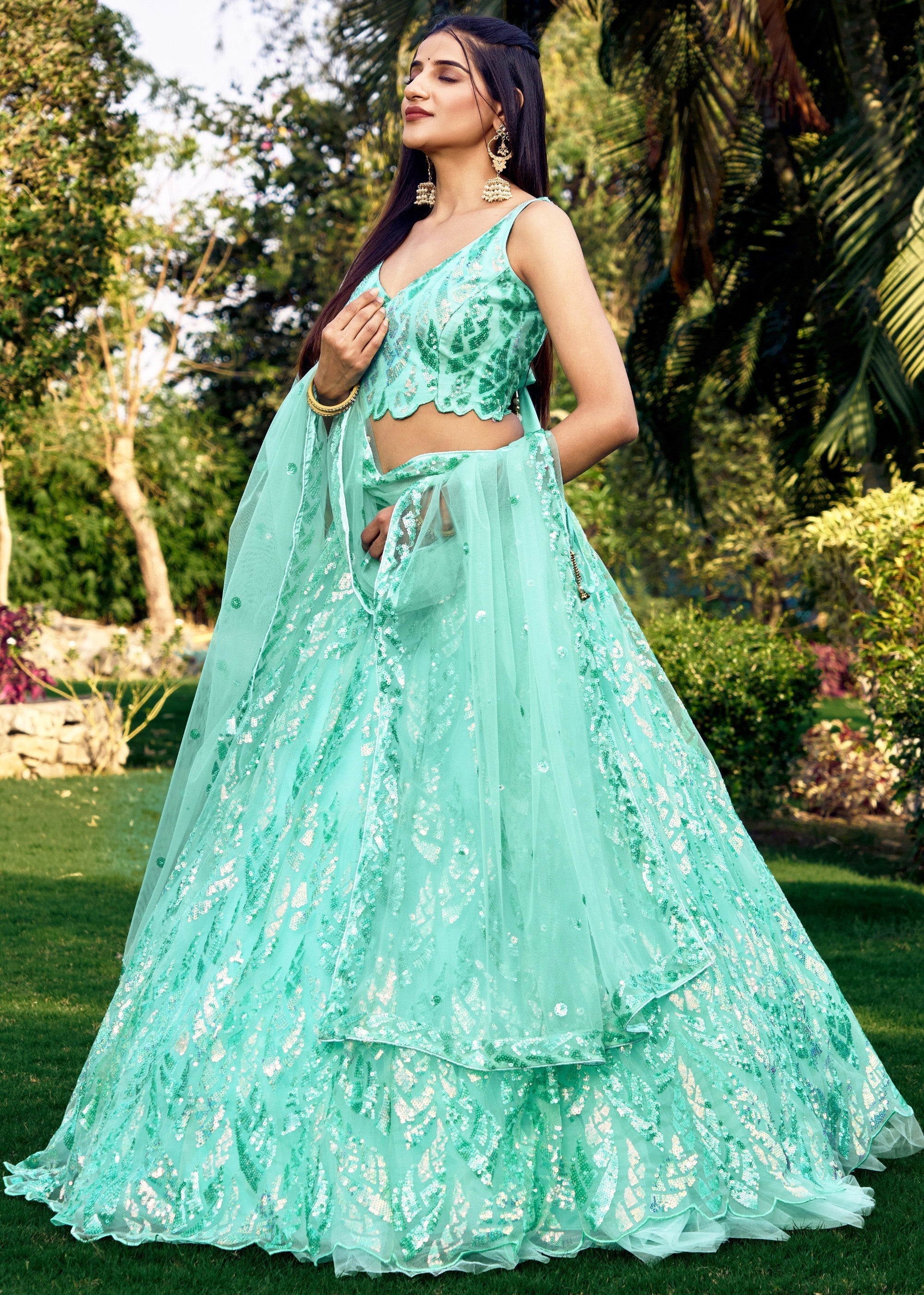 Aqua Blue Net Lehenga Choli With Multiple Sequins And Thread Embroidery Work | Ready To Wear - qivii