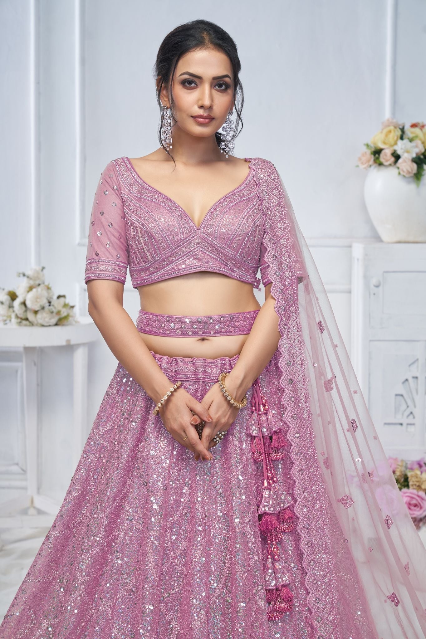 Alluring Purple Sequins Net Bridesmaid Lehenga Choli With Dupatta - qivii