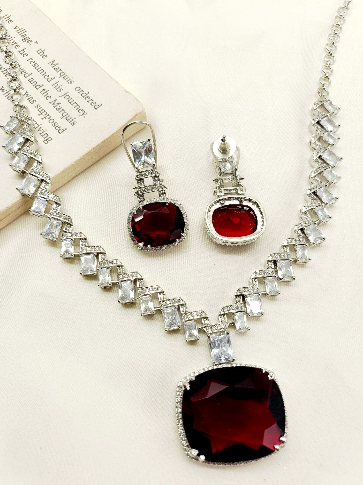 Trishna Maroon American Diamond Necklace Set - qivii