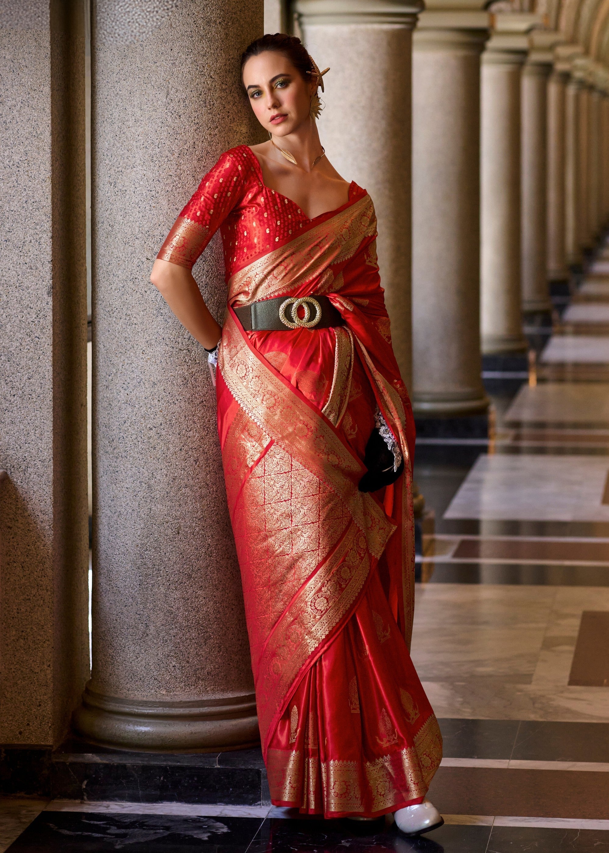 Candy Red Satin Mungha Silk Saree - qivii