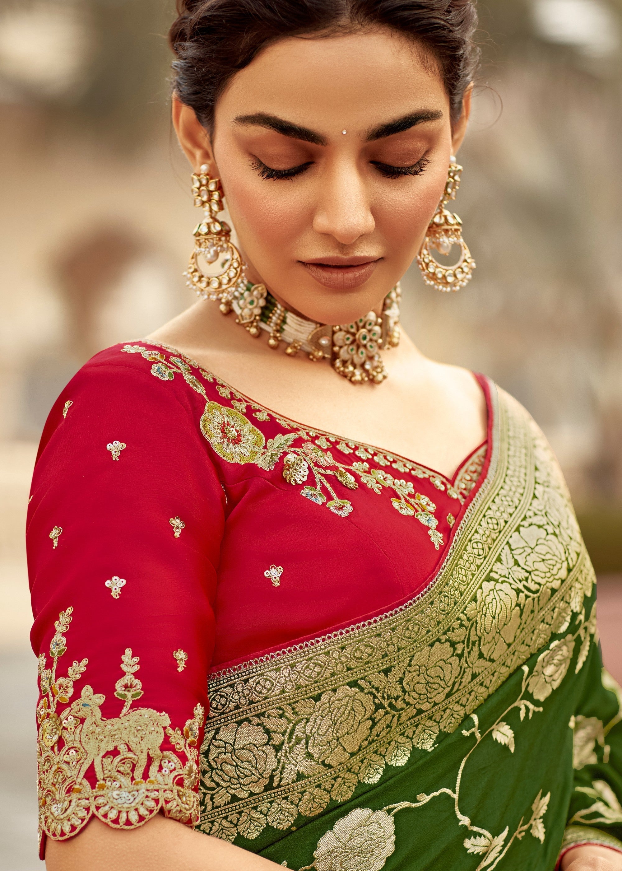 Mehendi Green Dola Silk Saree Embellished With Weaving Work And Heavy Embroidered Blouse - qivii