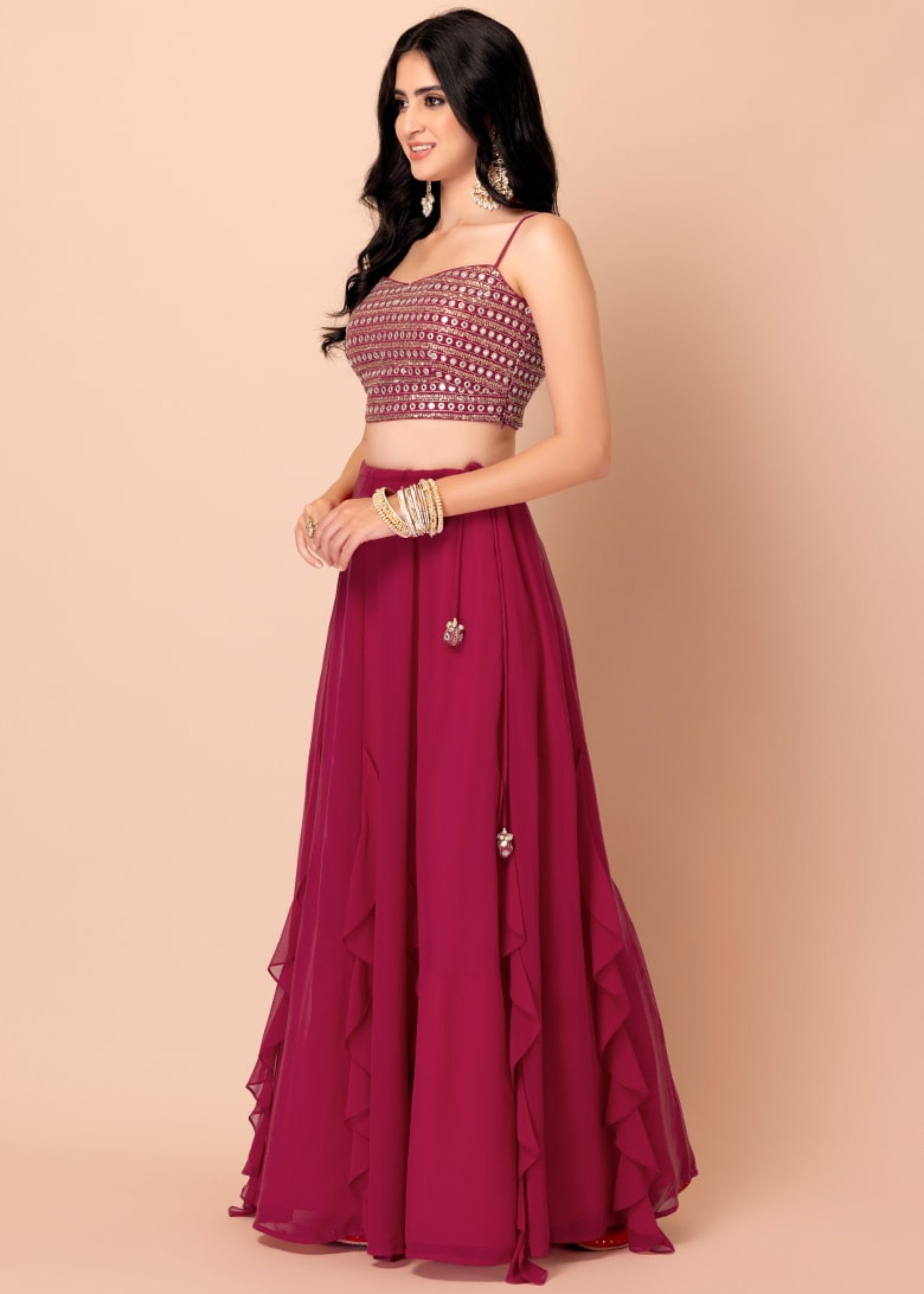 Raspberry Pink Georgette Lehenga Choli With Sequins And Thread Embroidery Work | Ready To Wear - qivii