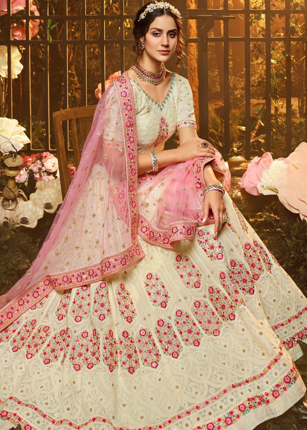 Ivory White Georgette Lehenga Choli with Thread, Zari, Sequin and Stone work | Ready To Wear - qivii