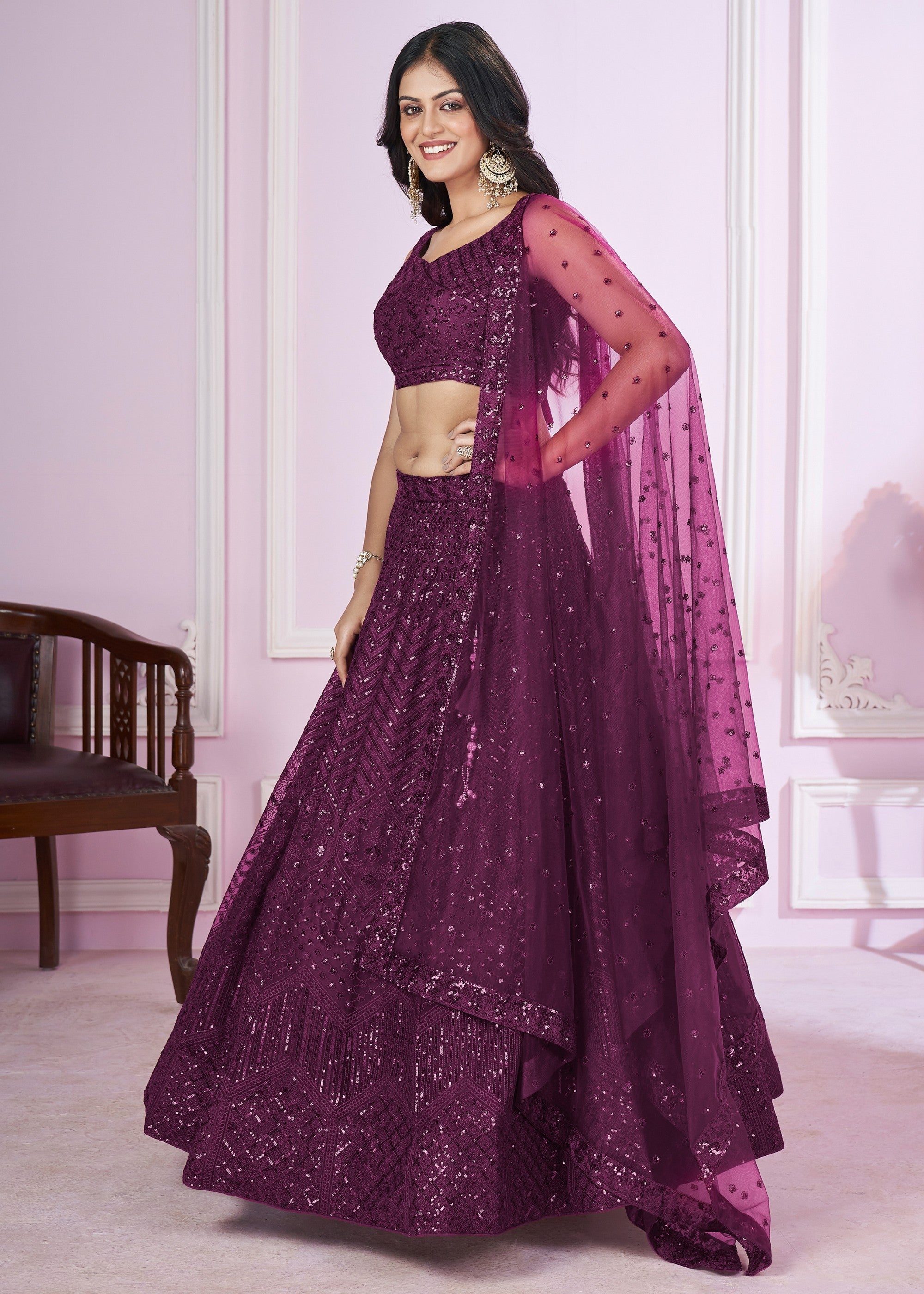 Jam Purple Net Lehenga Choli With Sequins And Thread Embroidery Work | Ready To Wear - qivii