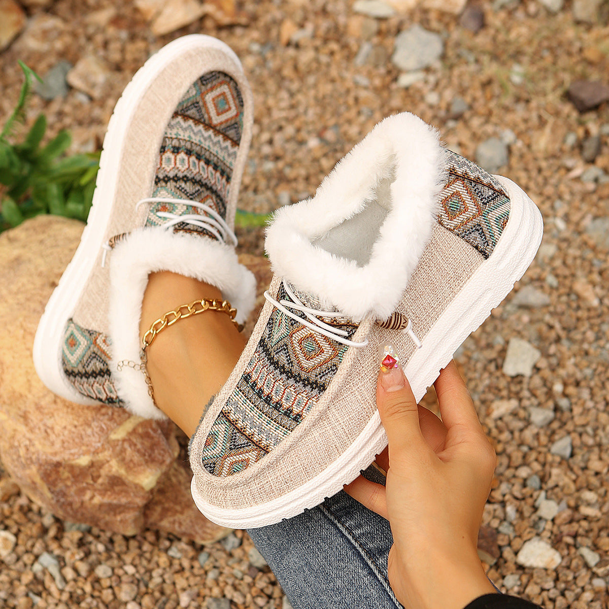 Women's Folklore Plush Flat Boots - Ethnic Print Lace-Up Winter Snow Shoes with Cozy Fleece Lining- US(5-10.5)