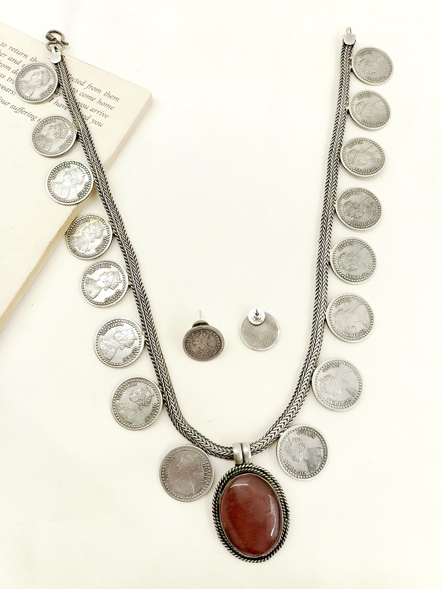 Reyhana Baby Pink German Silver Oxidized Necklace Set - qivii