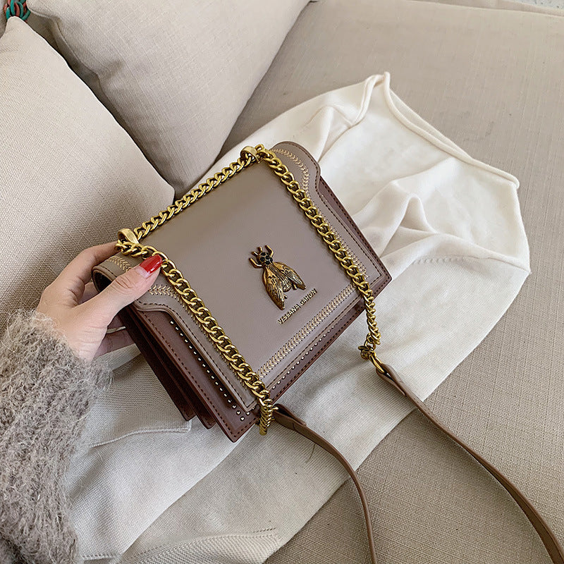Women's Artisan-Crafted Distressed Crossbody Bag Small Box Purse with Stitched Rivets & Antique Gold Chain | Y2K Grunge Revival
