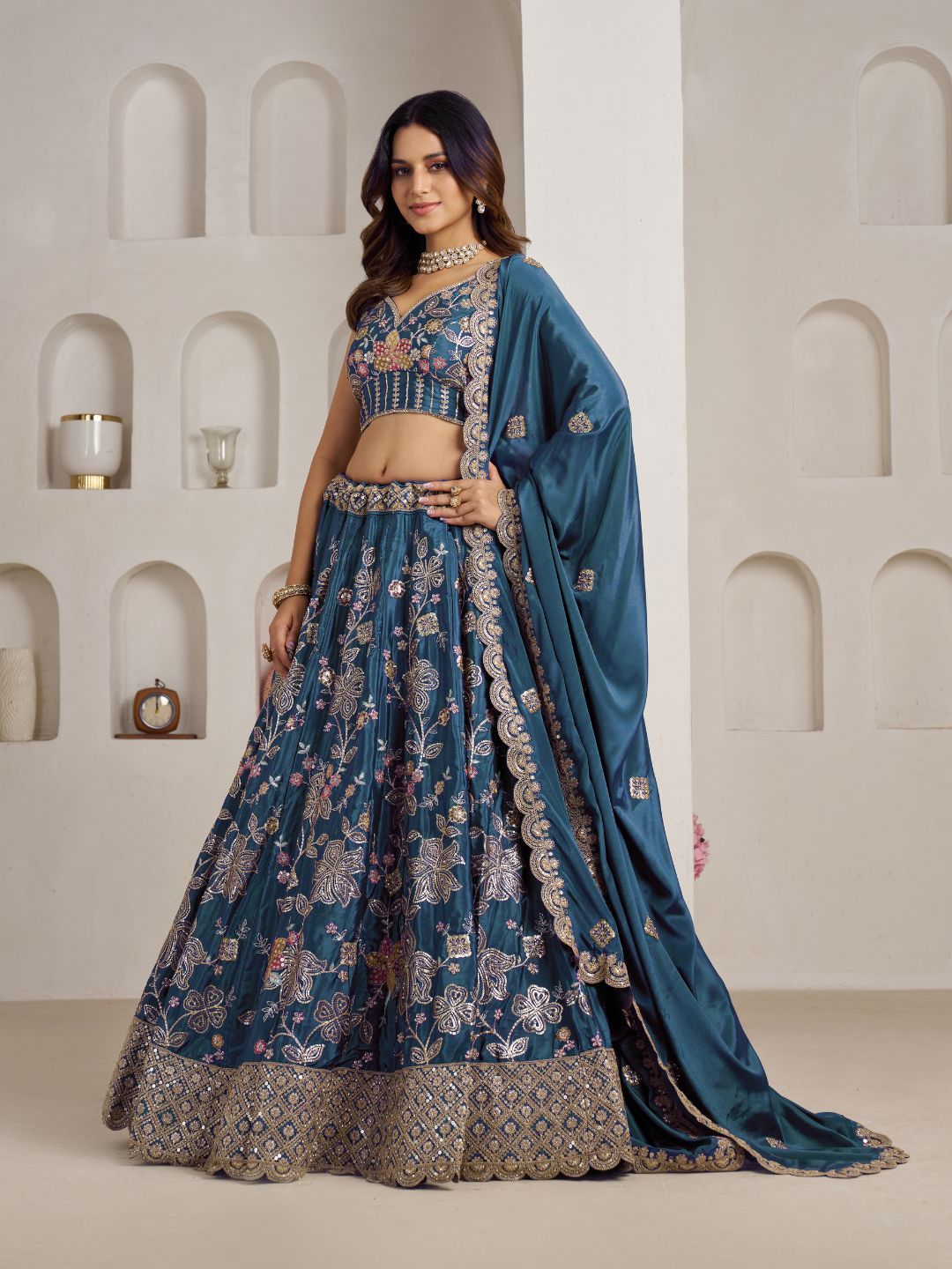 Stunning Sky blue Color Lehenga Choli with Golden Floral Detailing