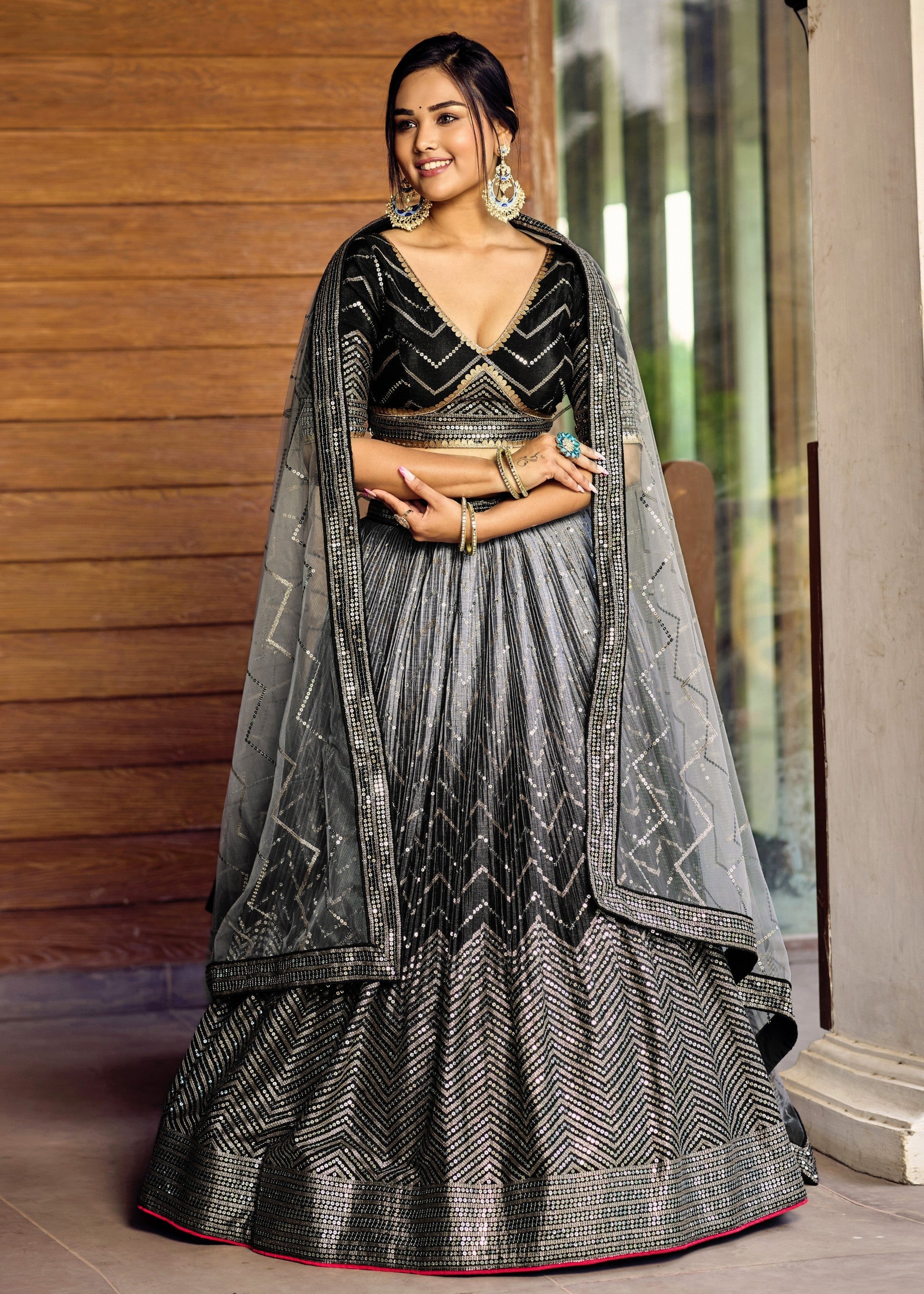 Sparkle Black Chinon Silk Lehenga With Sequence and Thread Embroidery Work | Ready To Wear - qivii