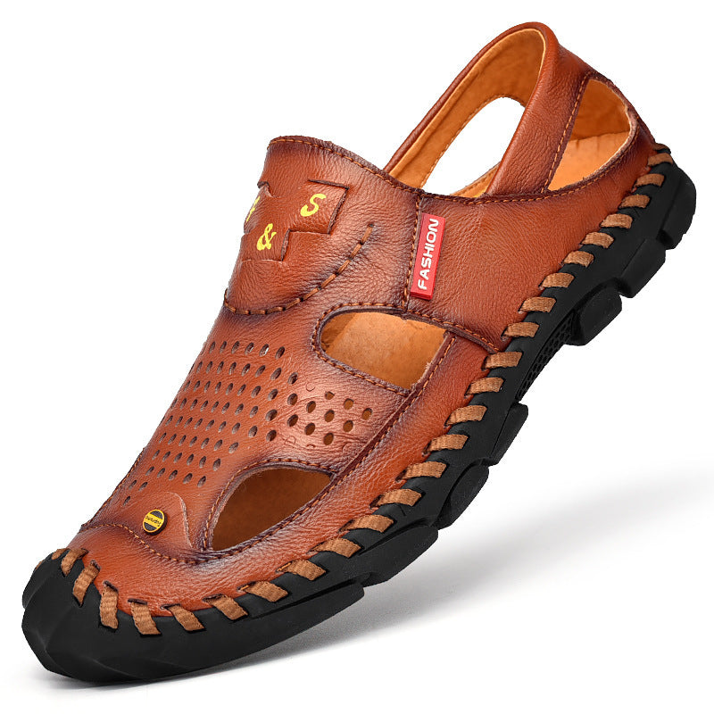 Flow Men’s Genuine Leather Summer Clogs – Breathable Closed-Toe Soft Sole Casual Beach Sandals (US7–11)