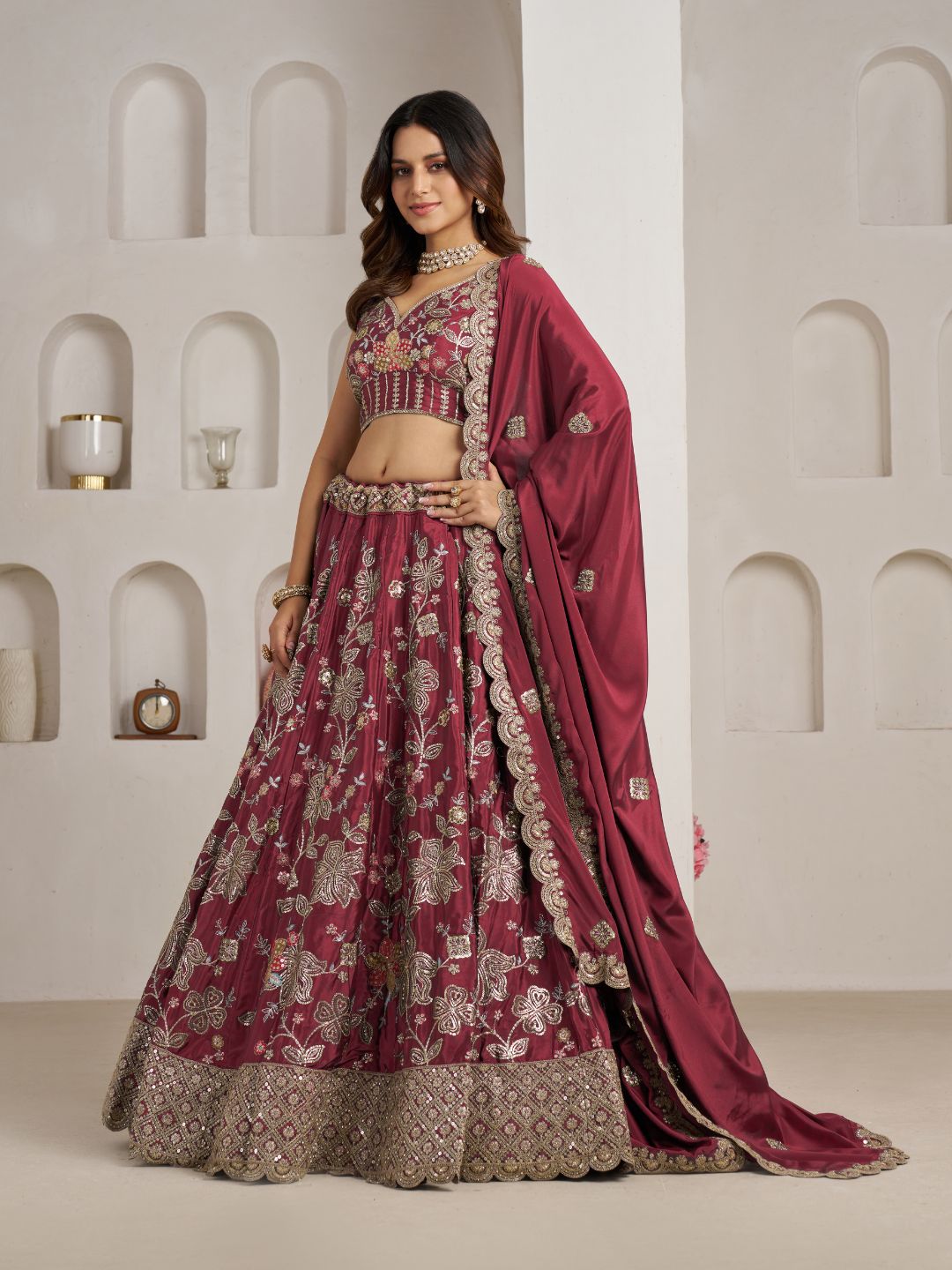 Stylish Maroon Lehenga Choli with Rich Golden Floral Craftsmanship