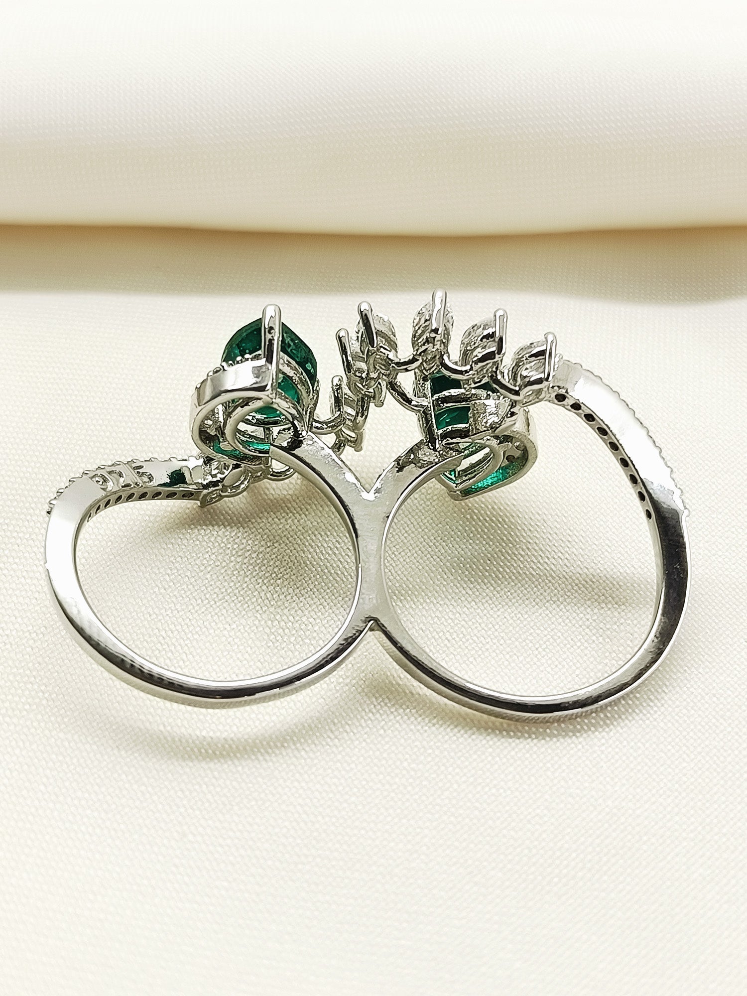 Estelle Green 92.5 Silver American Diamond Double Finger Ring