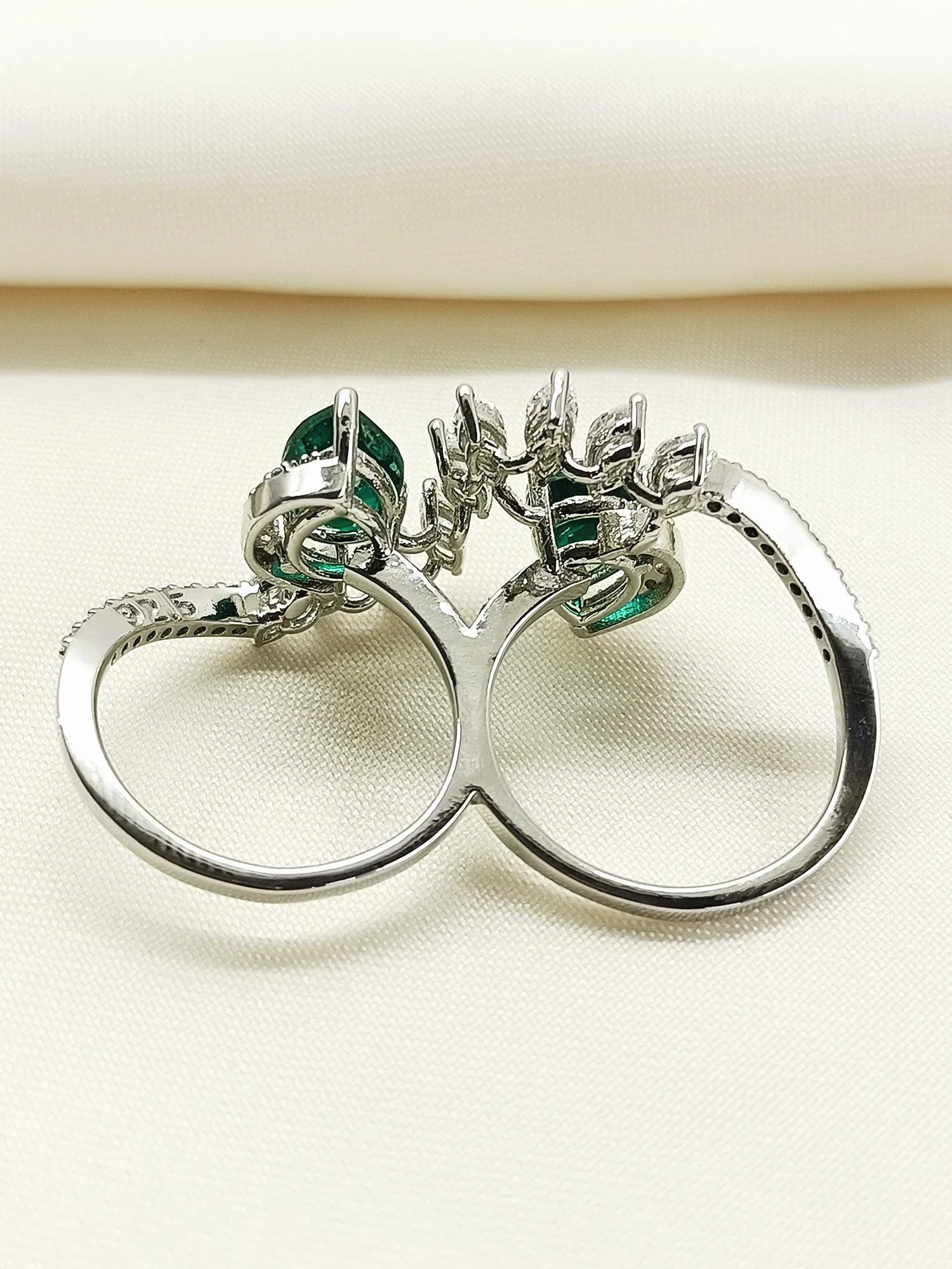 Estelle Green 92.5 Silver American Diamond Double Finger Ring