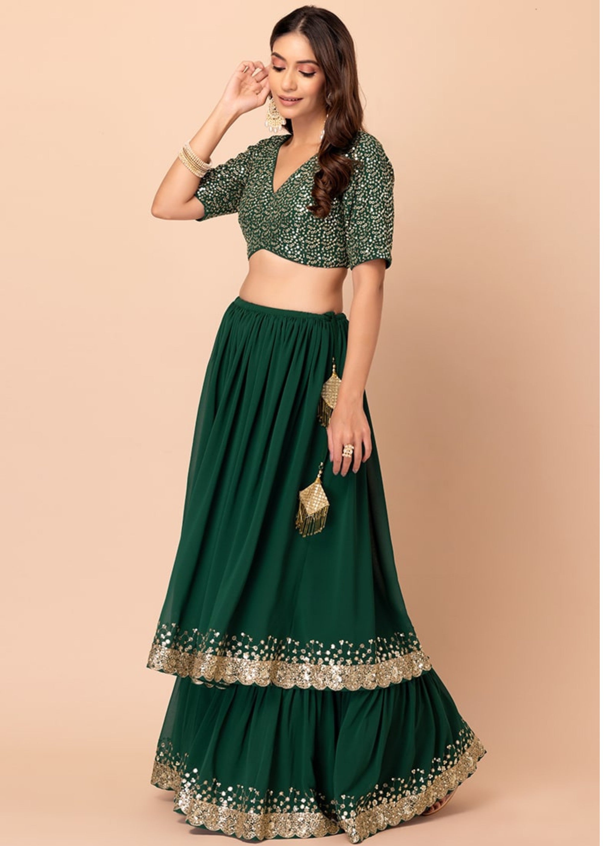 Hunter Green Georgette Lehenga Choli With Sequins And Thread Embroidery Work | Ready To Wear - qivii