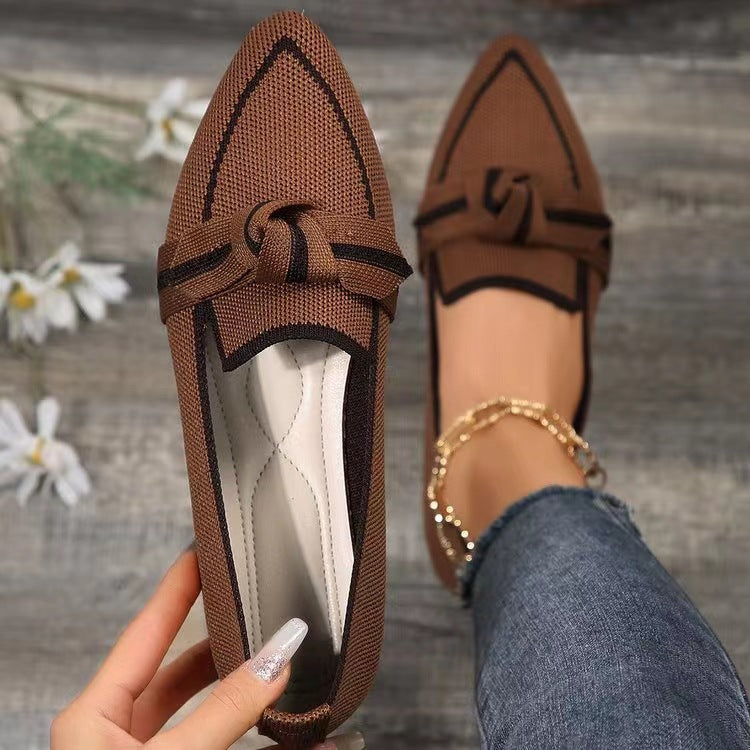 Women's Plus Size Knit Flat Loafers - Slip-On Bowknot Shallow Cut Lazy Work Shoes