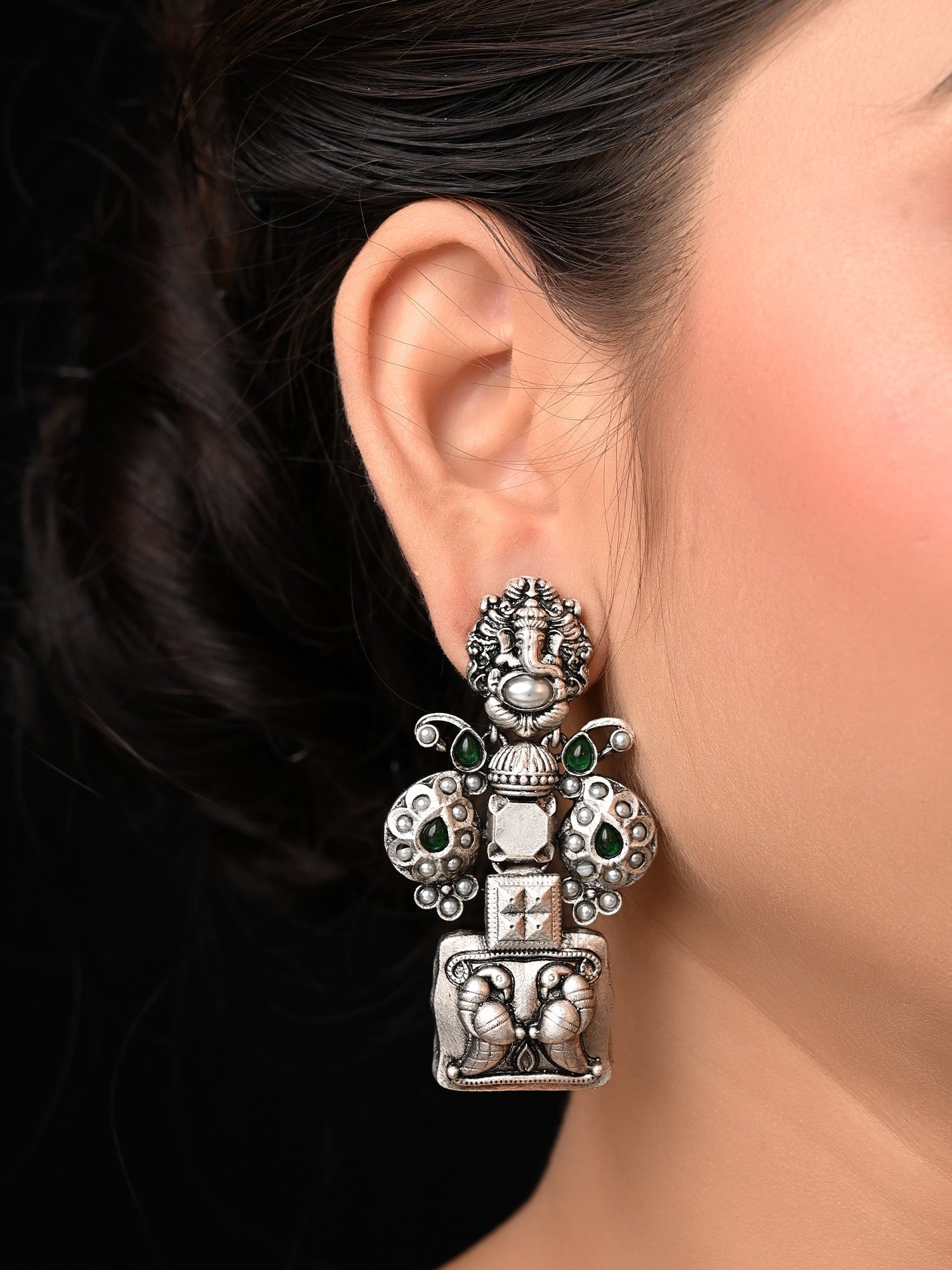 Avira Oxidised Contemporary Temple Earrings - qivii