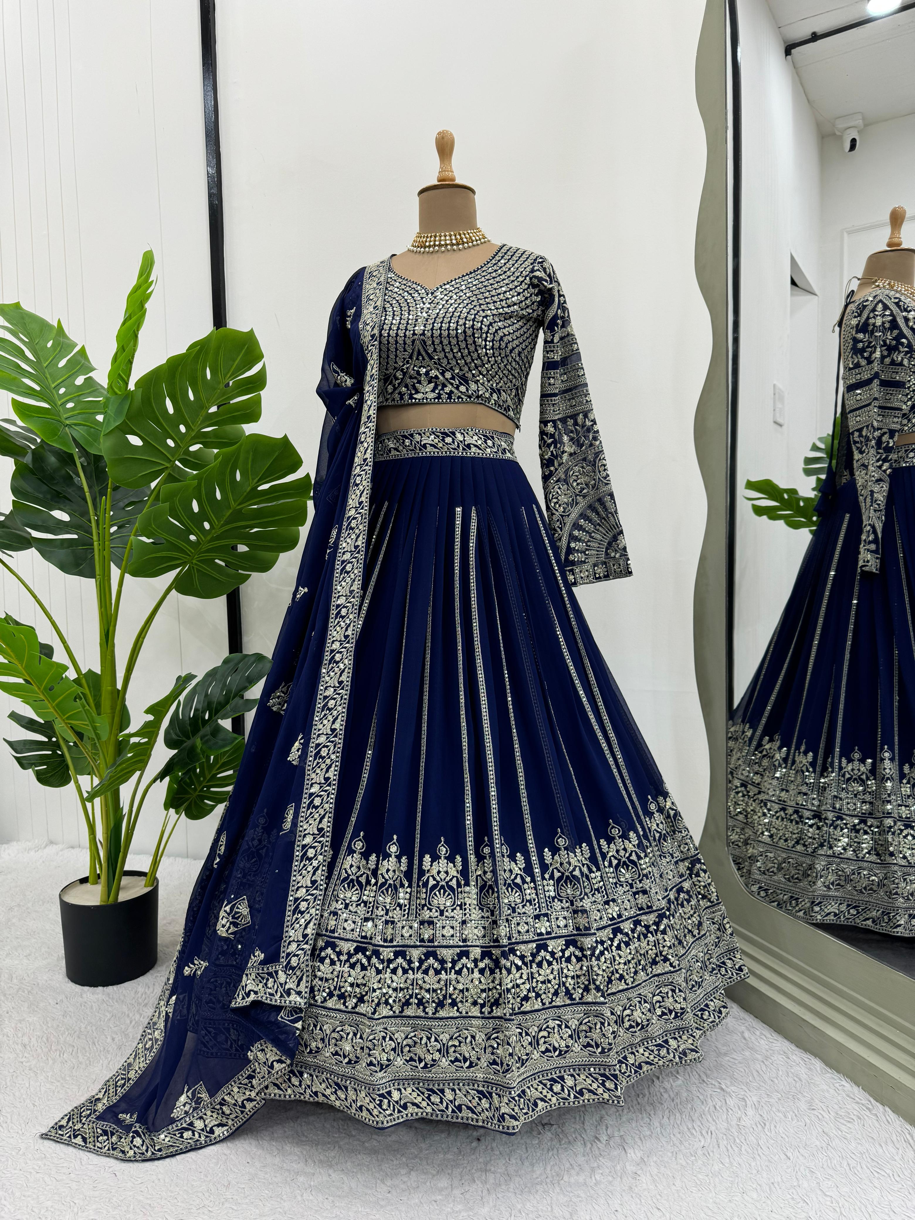 Navy Blue Foux Gorgette Thread with Sequnce Lehenga Choli - INSPIRED | Ready To Wear - qivii