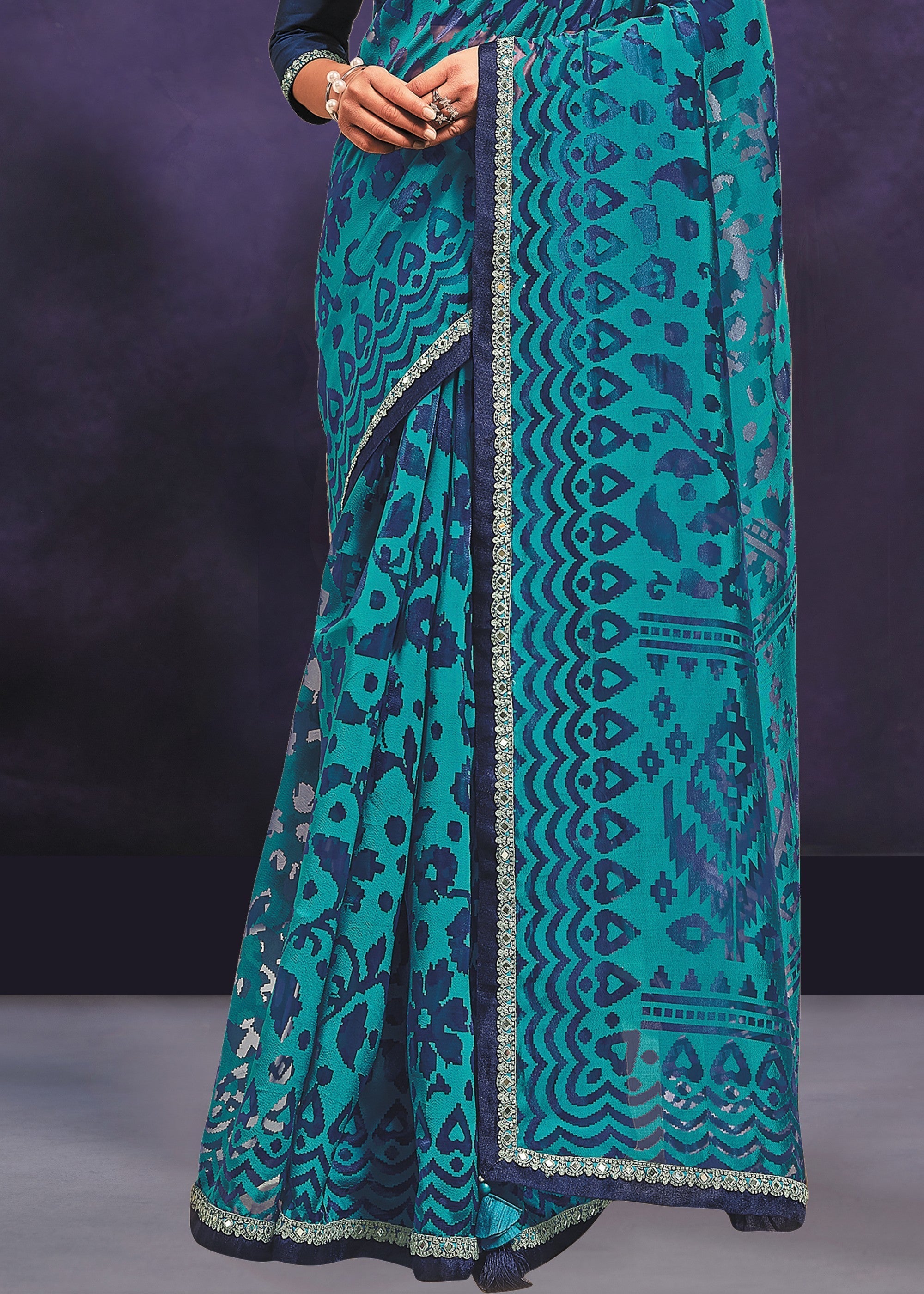 Persian Blue Designer Organza Saree with Cord Embroidered and Mirror Work - qivii