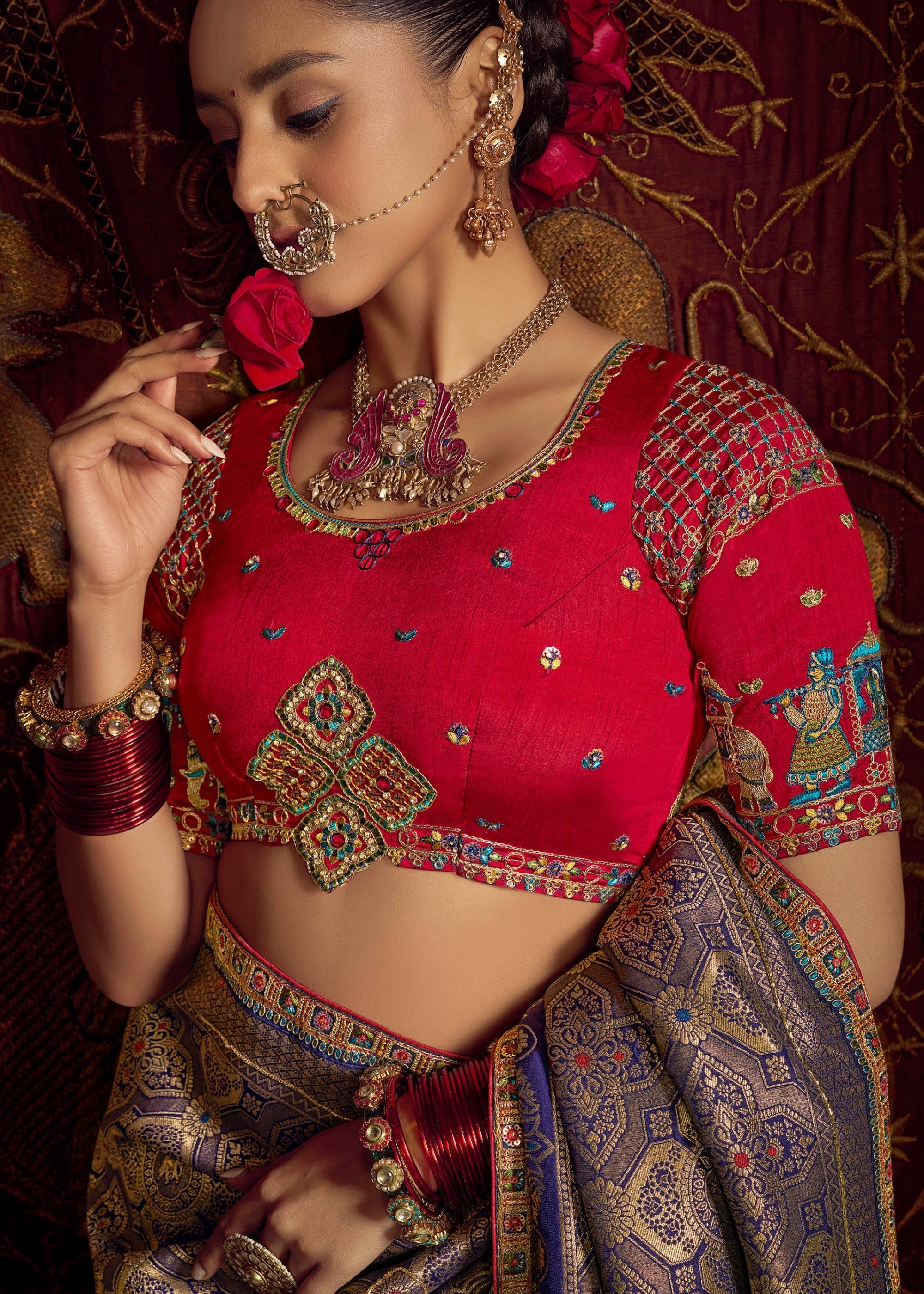 Royal Blue Pure Viscose Dola Silk Saree With Handwork On Blouse And Pallu - qivii