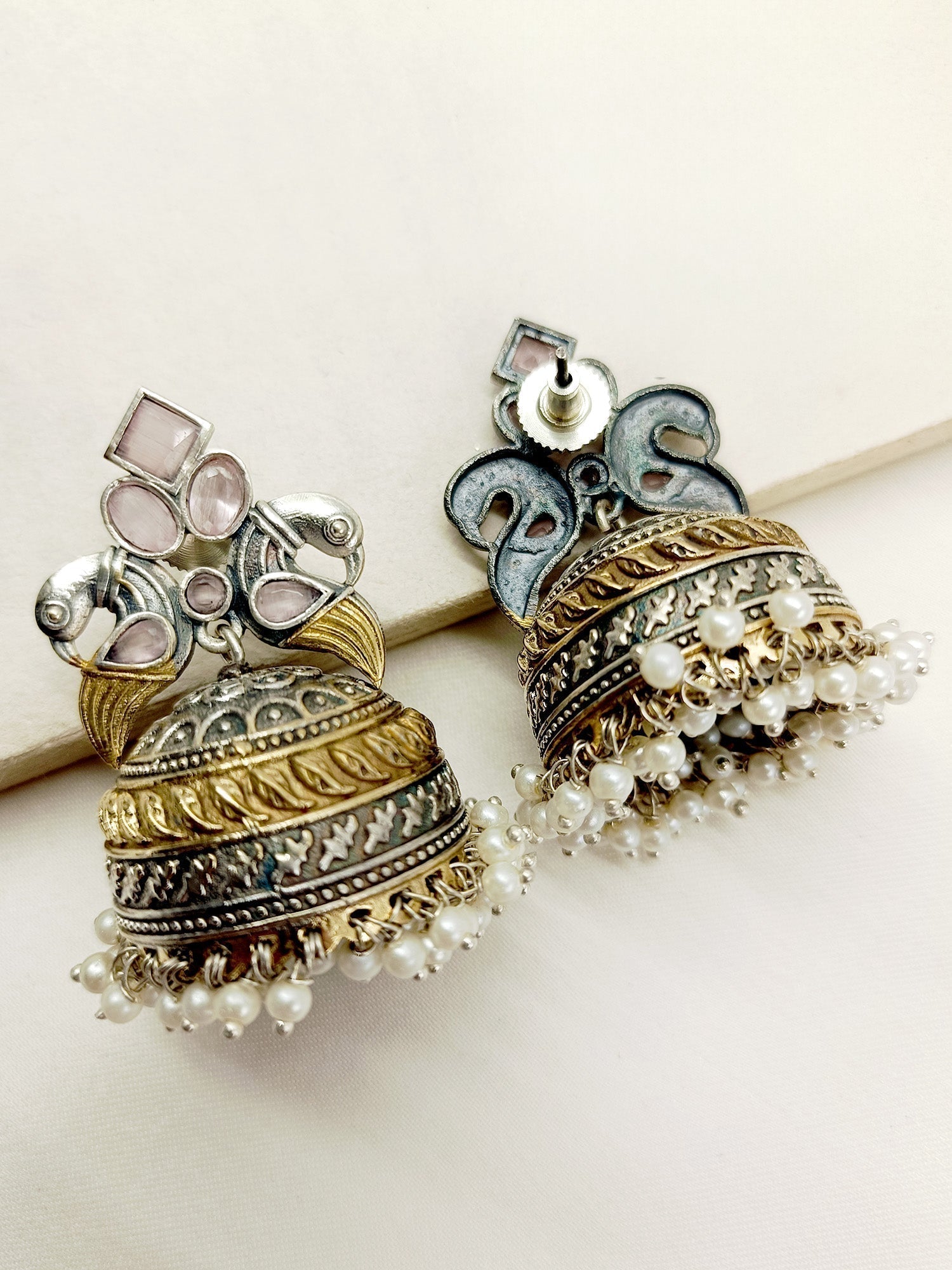Maryam Baby Pink Peacock Oxidized Jhumki - qivii