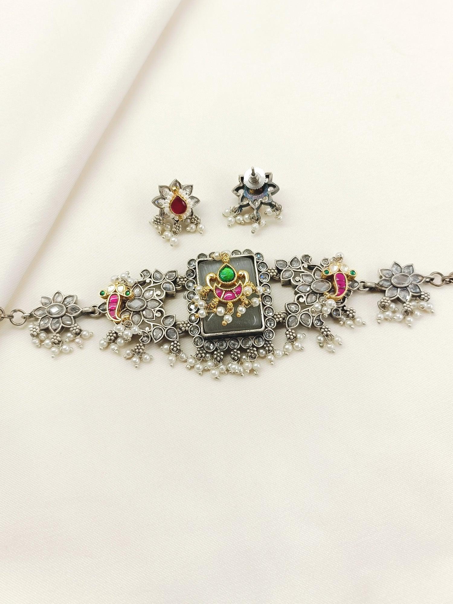 Ishmita Grey Oxidized Choker Set