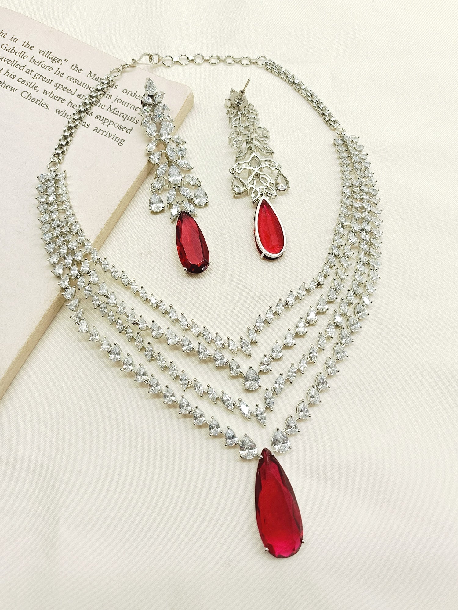 Tejshavi Maroon American Diamond Necklace Set - qivii