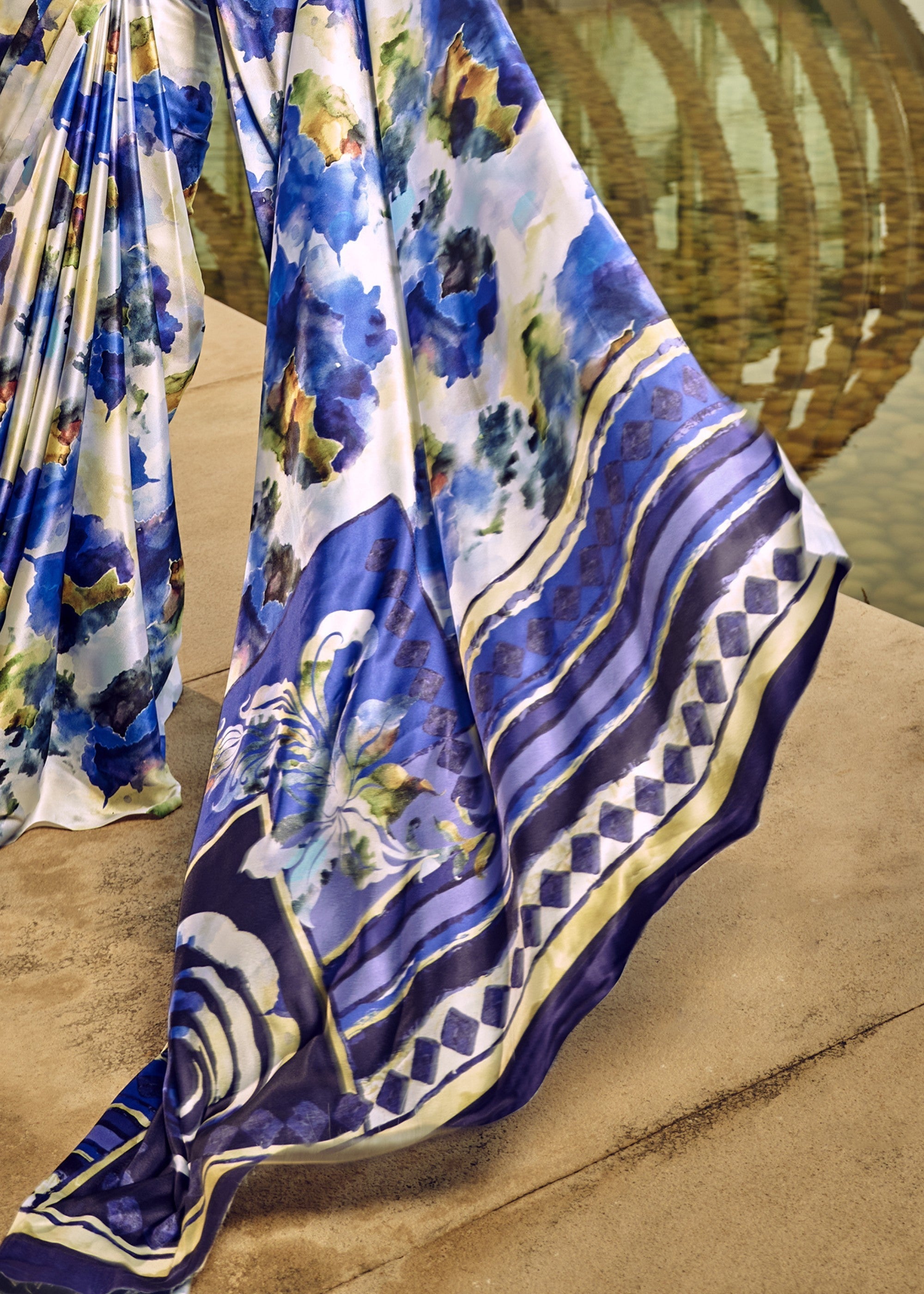 Blue Satin Digital Printed Saree - qivii