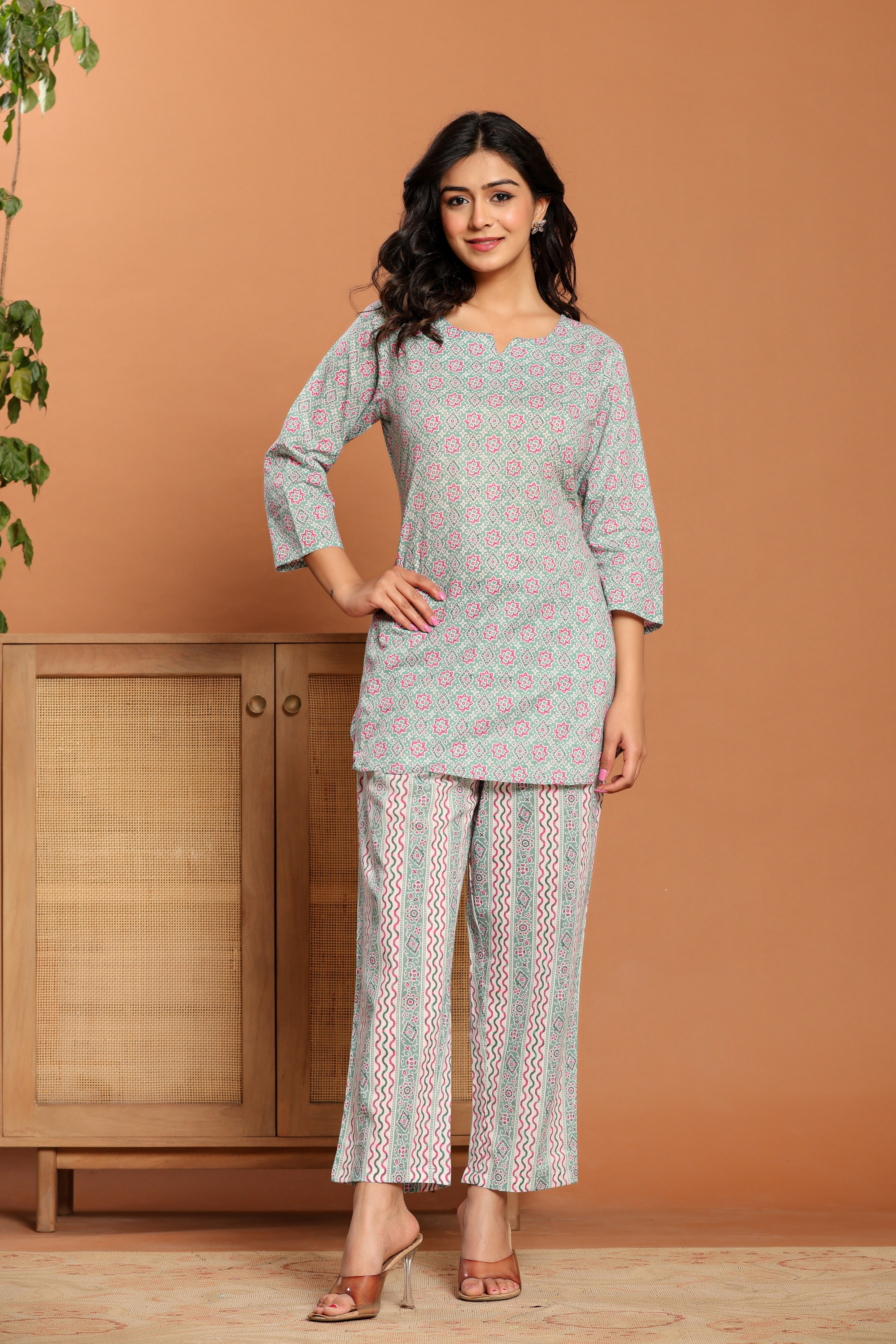 Green Printed Cotton Coord Set - qivii