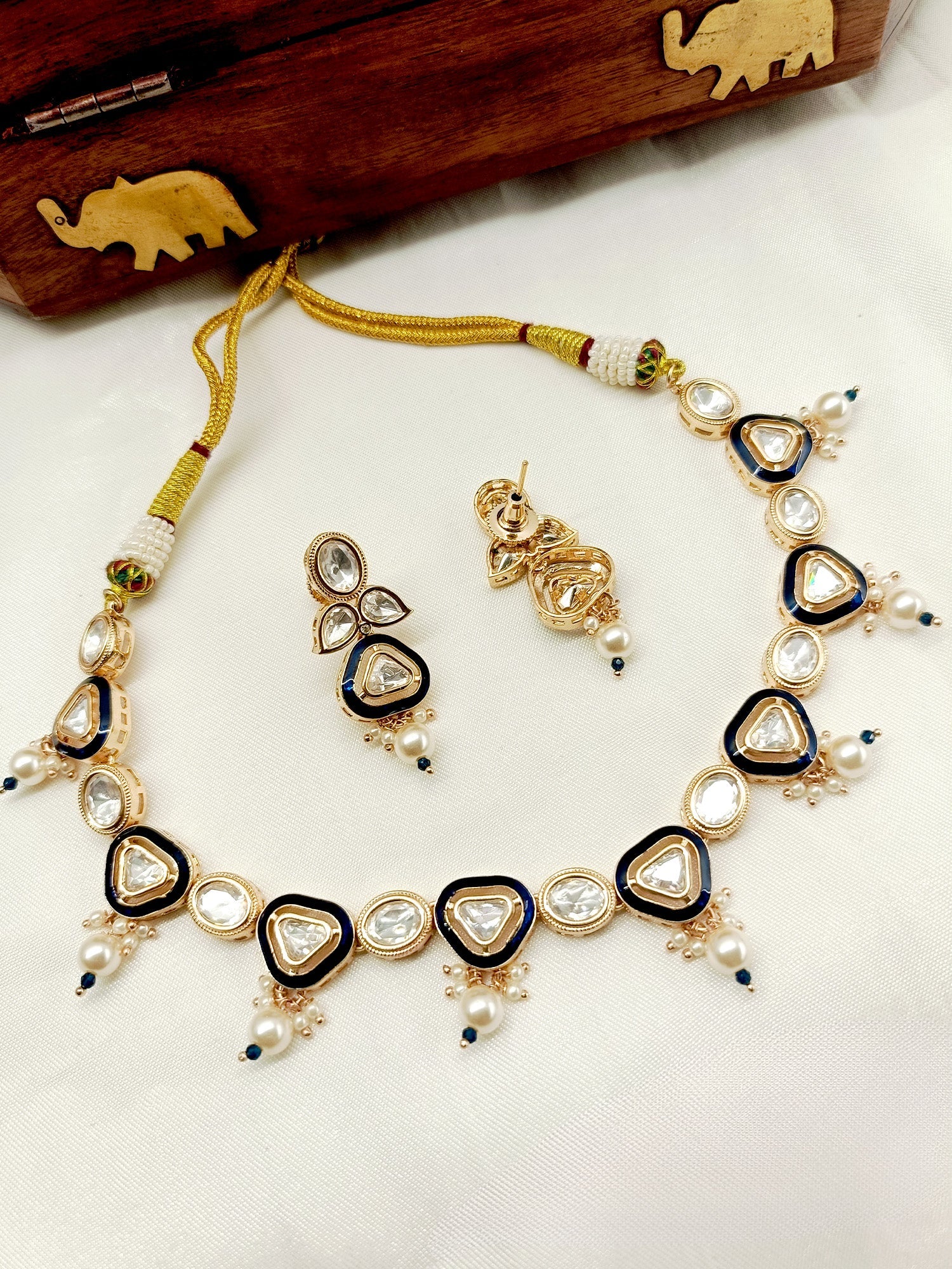 Vriddhi Navy Blue Kundan Necklace Set - qivii