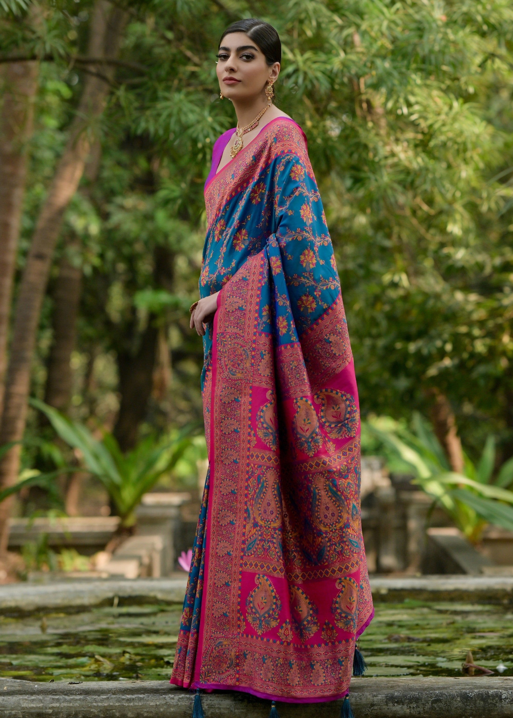 Aegean Blue Thread Woven Pashmina Silk Saree With Heavy Thread Woven Pallu - qivii