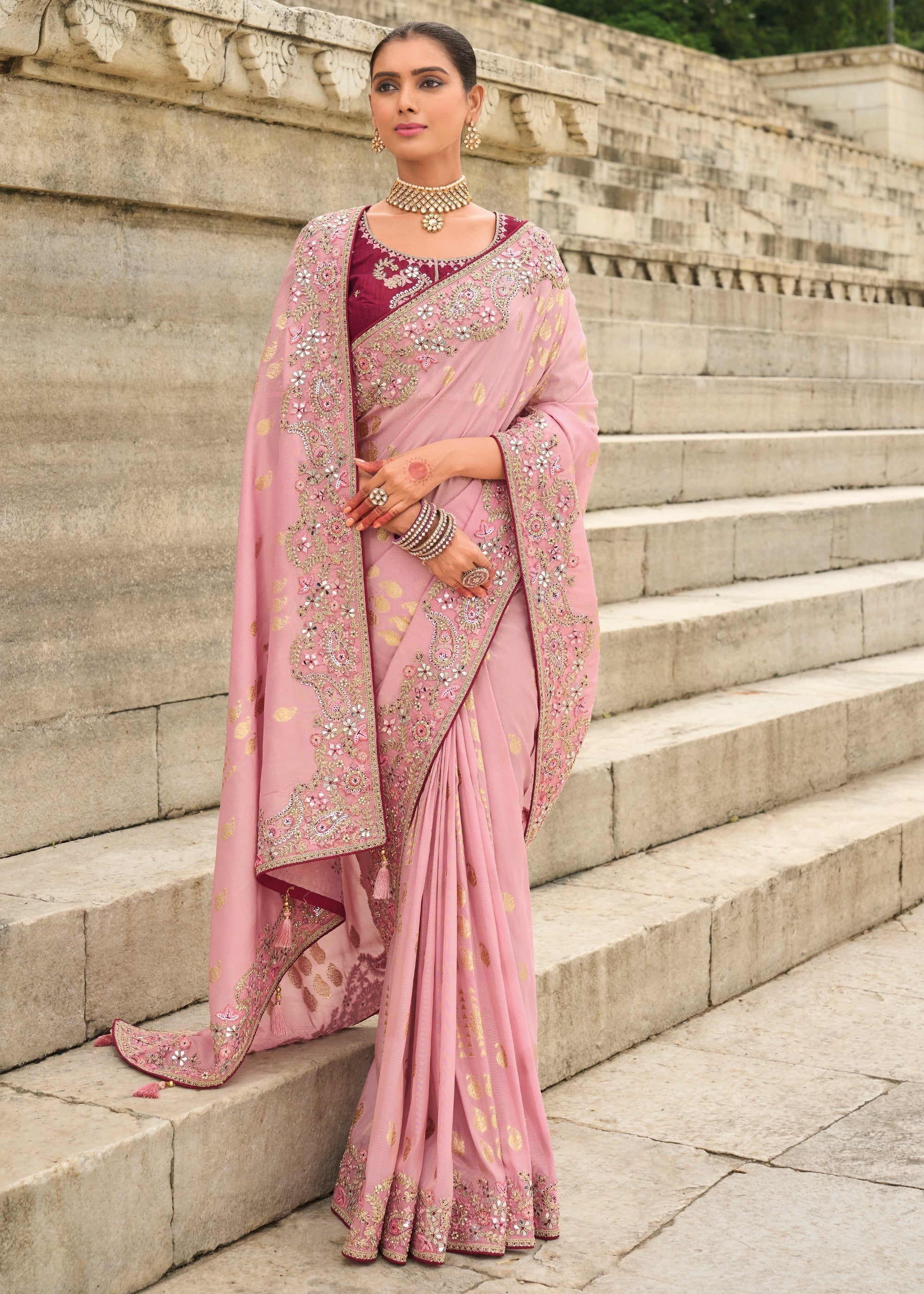 Light Pink Viscose Tissue Silk Saree With Embroidery Cut Work Border And Sequence Work - qivii