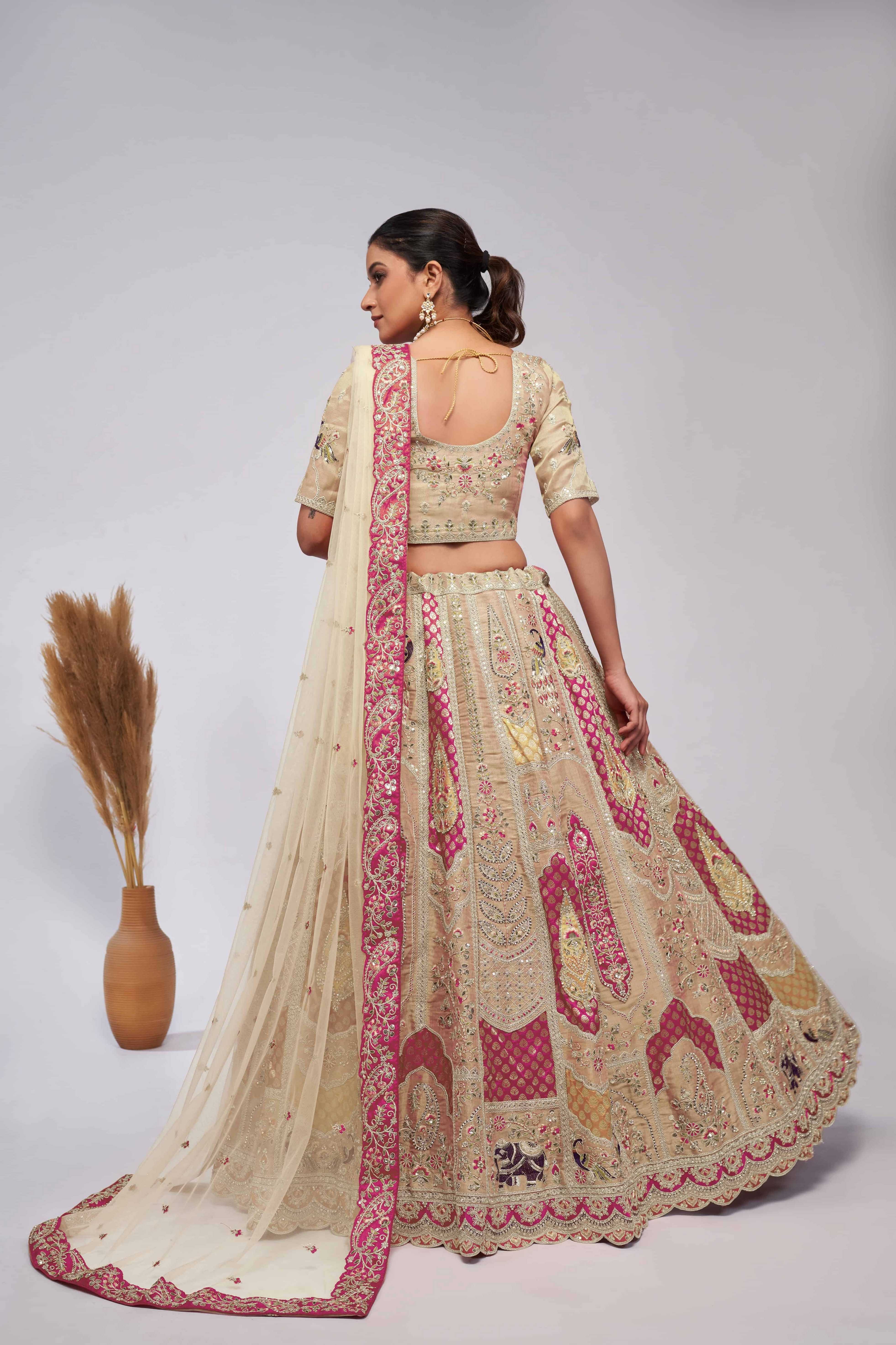 Bright Cream Bridal Lehenga Choli Set with Paisley & Peacock Embroidery - qivii